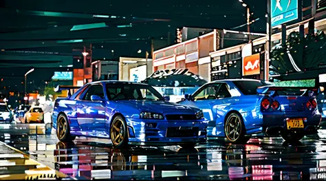 Image of a blue car driving on a wet street, nissan gtr r 3 4, Nissan R34 GTR, automotive photography, in a modified nissan skyl...