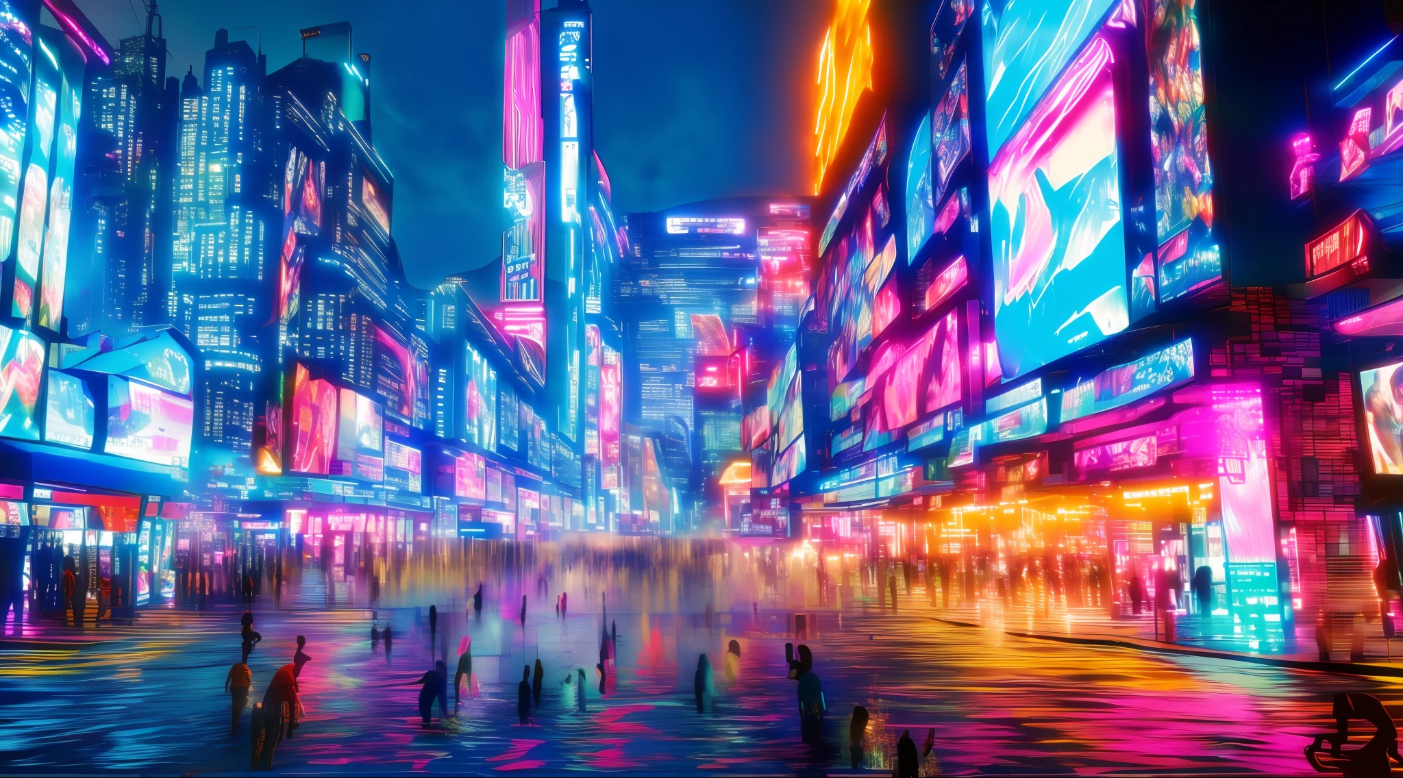 (most vivid and colorful)，Urban intersection of the future，The crowd is huge，The traffic is like a weaving flow，Department stores，Neon lights，A bustling scene。