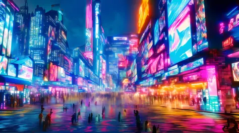 (most vivid and colorful)，Urban intersection of the future，The crowd is huge，The traffic is like a weaving flow，Department store...
