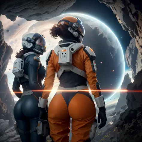 rear angle, Highly detailed RAW color Photo, Rear Angle, Full Body, of (female space soldier, wearing orange and white space suit, helmet, tined face shield, rebreather, accentuated booty), outdoors, (looking up at advanced alien structure, on alien planet...