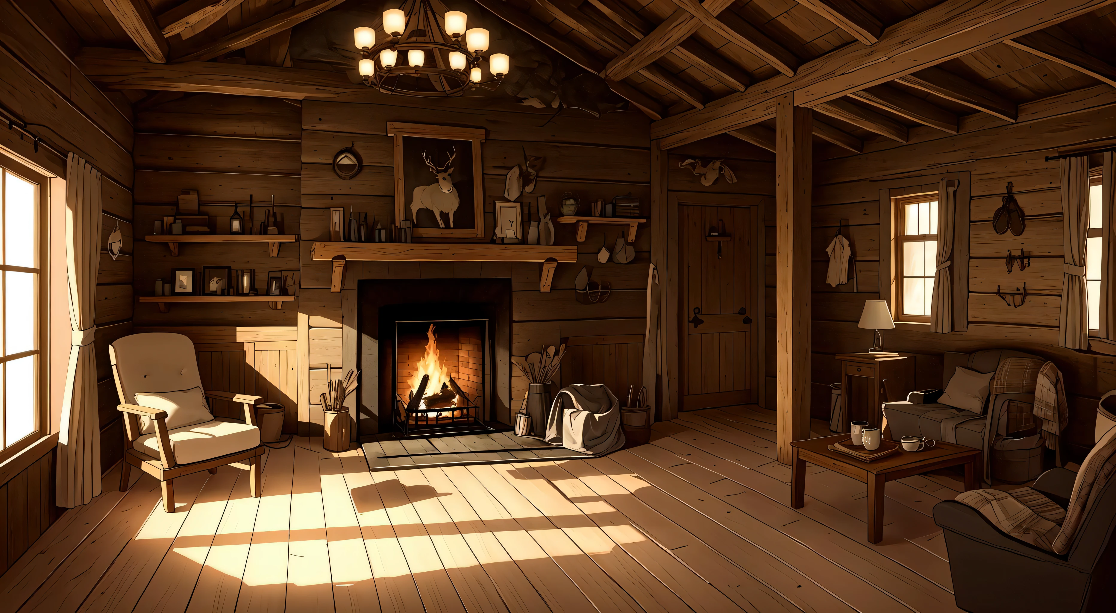 cabin interior, complete with wooden walls adorned with various hunting ...