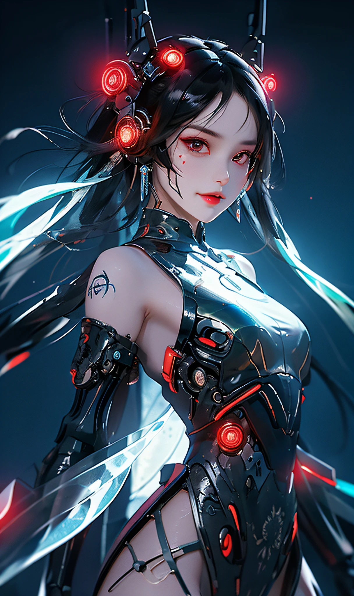 1 girl, Chinese_clothes, liquid black titanium and red, cyberhan, cheongsam, cyberpunk city, dynamic pose, detailed luminous headphones, luminous hair accessories, long hair, luminous earrings, luminous necklace, cyberpunk, high-tech city, full of mechanical and futuristic elements, futuristic, technology, glowing neon, red, red light, transparent black tulle, black ribbon, laser, digital background urban sky, big moon, with vehicles, best quality, masterpiece, 8K, character edge light, Super high detail, high quality, the most beautiful woman in human beings, smiling slightly, face facing front and left and right symmetry, ear decoration, beautiful pupils, light effects, visual data, dark black hair, super detailed facial texture, bright leather red gloves, elevation angle shooting
