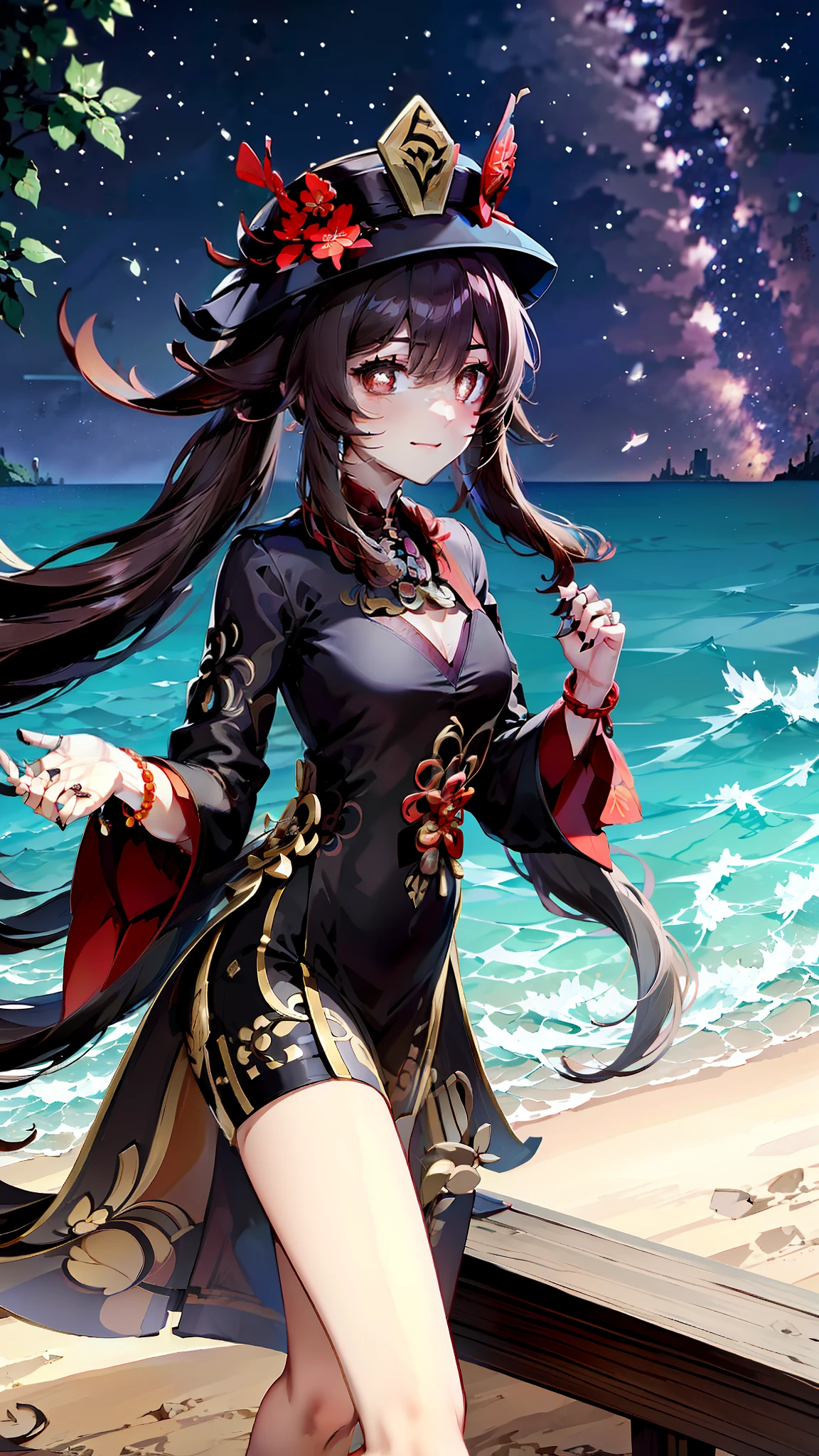 tmasterpiece，Best picture quality，Genshin character Walnut，Hair flutters in the wind，Tsundere expression，HD wallpaper level，seaside backgroud，a white long skirt，with hands resting on knees，closeup cleavage，Role-based -v6，face repair