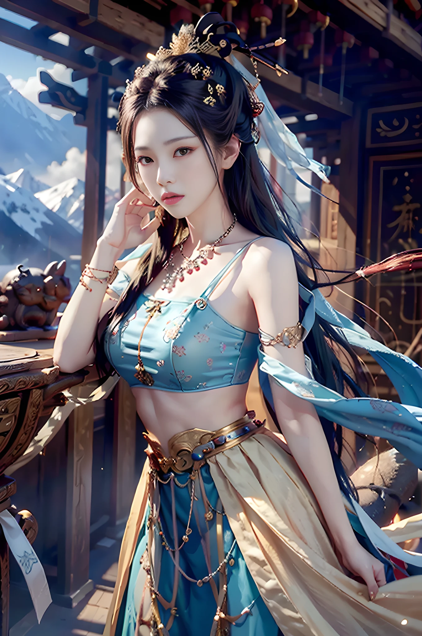 best qualtiy, tmasterpiece, Ultra-high resolution, （realisticlying：1.4）, snow mountains，drifting snow，missiles, Detail Make，Metal armor， 1girll, solo, missiles, （Magical Circle：1.2）, Streamers，xiuxian, The upper part of the body, a beauty girl, full bodyesbian, east asian architecture, ,  bead necklace, smug, filmgrain, Fuji colors, Textured skin