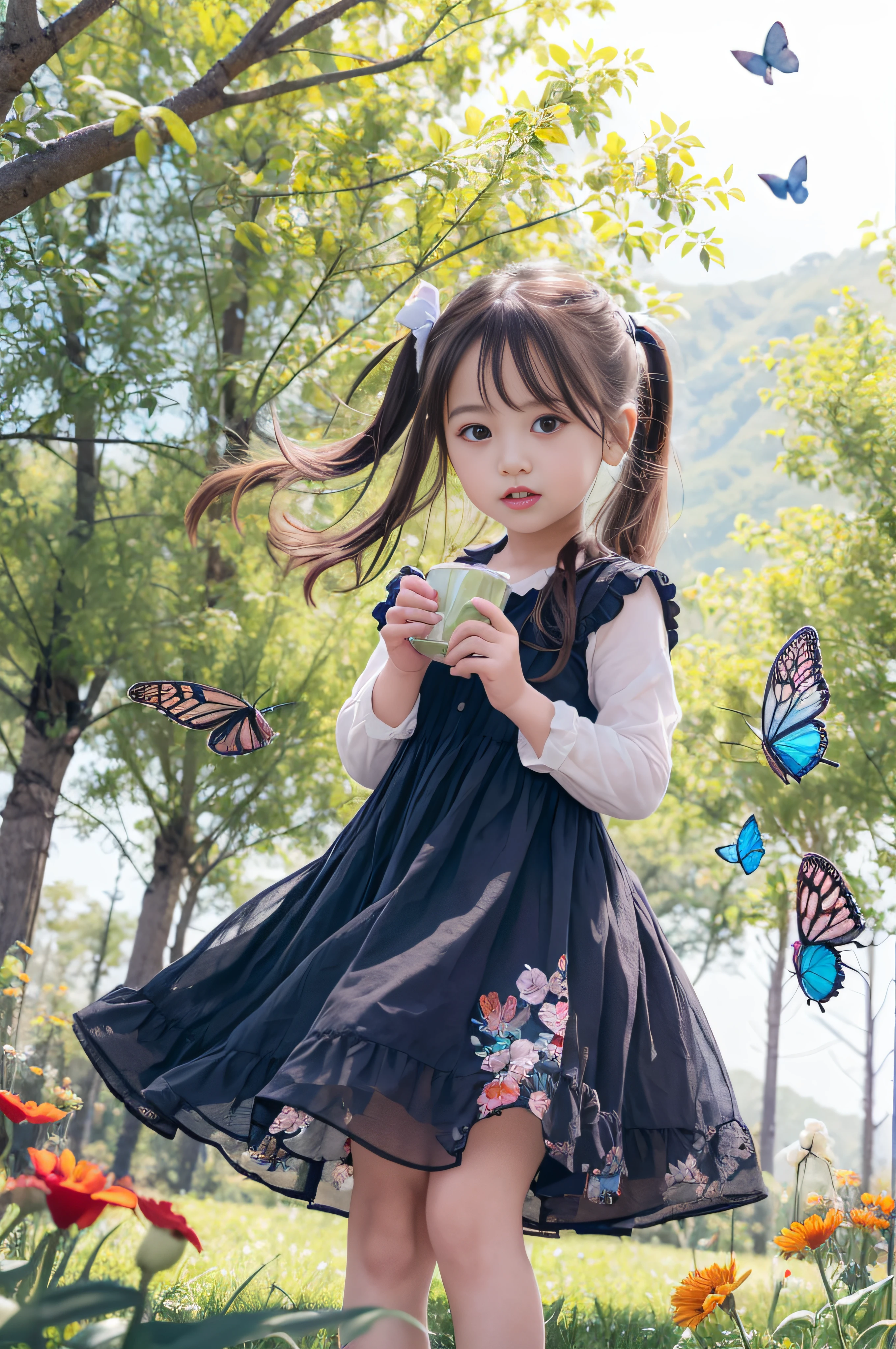 alto detalle, ultra detalle, 8k, Ultra Alta Resolución Una chica linda e inocente., , niño pequeño, disfrutando de su tiempo en campo abierto, rodeado de la belleza de la naturaleza, cálido sol rociándola, flores silvestres meciéndose suavemente con la brisa. Mariposas y pájaros revolotean a su alrededor., añadiendo a la atmósfera lúdica,