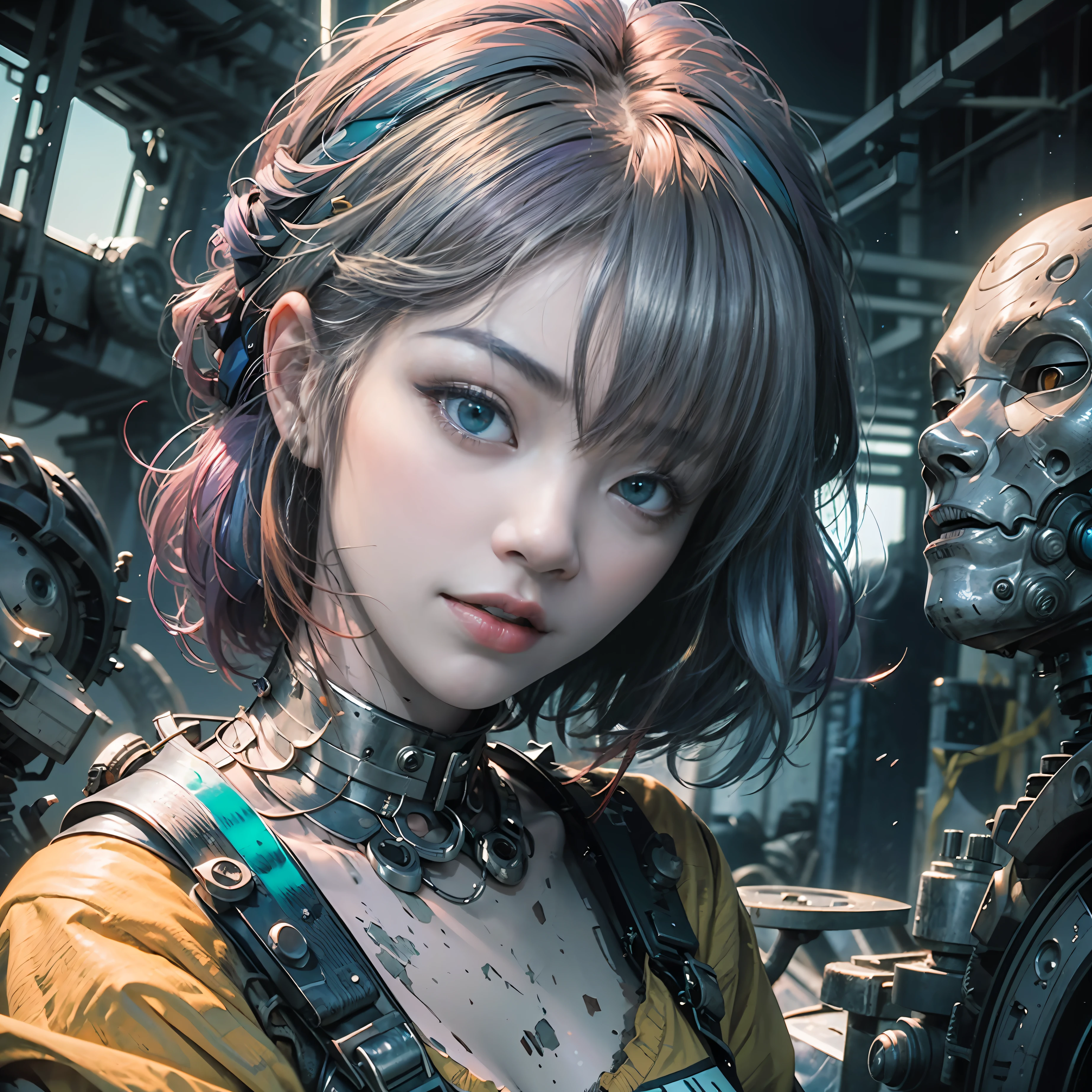 "ผลงานชิ้นเอกสุดยอด"，คุณภาพของภาพที่ดีที่สุด，วอลล์เปเปอร์ CG unity 8k ที่มีรายละเอียดสุดยอด，สไตล์ภาพประกอบที่ดีที่สุด，อันที่สวยงาม、ลอยน้ำ、มีความละเอียดสูง、มุมไดนามิก、ท่าทางแบบไดนามิก、หญิงสาวที่มีตาสีฟ้า，(ผมสีสันสดใส+ผมสีเงิน:1.3+ผมสีแดง:1.2+ผมสีม่วง+ผมสีเหลือง:1.3+ผมสีเขียว:1.3)，หน้าสวย，มหานครที่ถูกทิ้งร้าง，ภาพที่กว้างขวาง。 --อัตโนมัติ