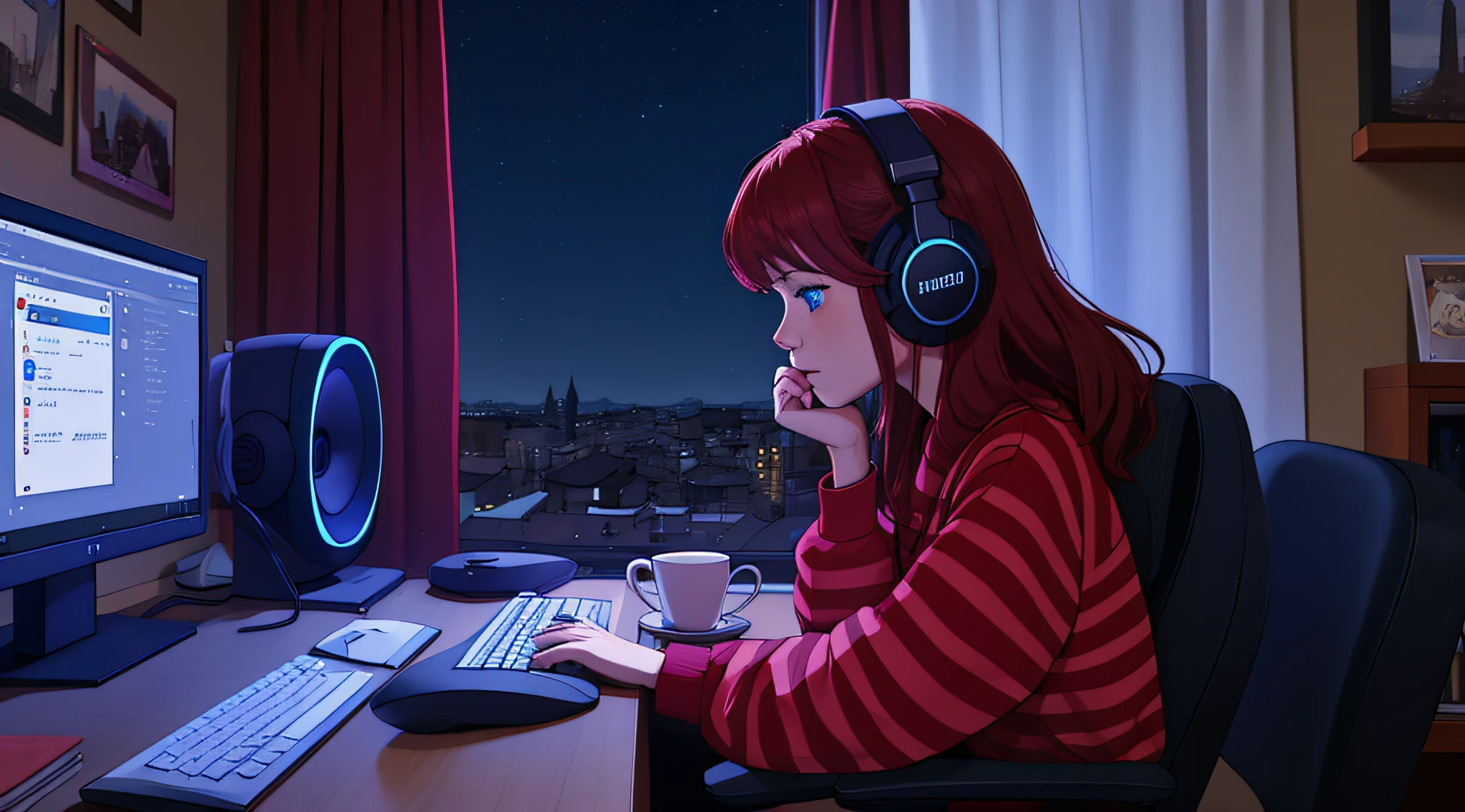 lofistudy, 1girl, from side, typing, redhead, blue eyes, chair, computer, headphones, indoors, keyboard_\(computer\), laptop, monitor, mouse_\(computer\), monitor, curtains, night, window, milan background