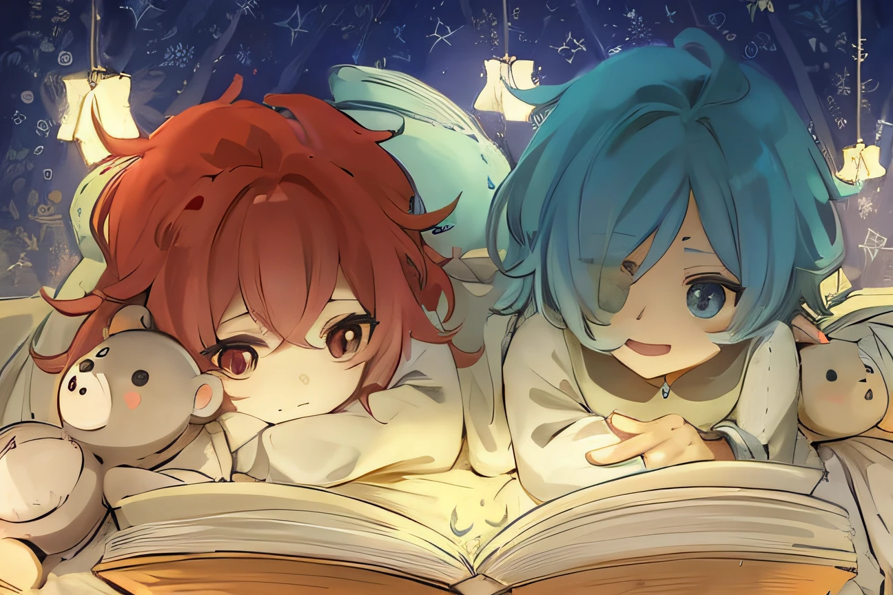 Two anime characters reading a stuffed toy book in bed, anime land of the lustrous, red and cyan, Sirius A and Sirius B, illustrated anime, anime in fantasy style, ethereal anime, Pixiv style, anime-twitter, Anime girl with teal hair, epic tale of the twin sisters, pixiv daily ranking, two beautiful anime girls