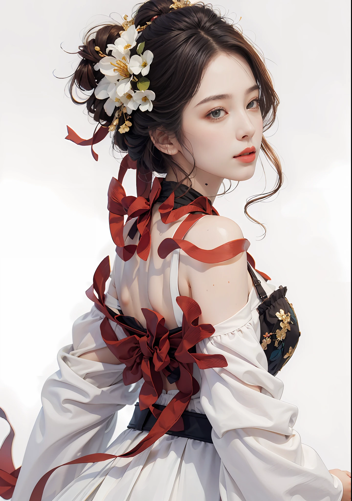 masterpiece,best quality,ultra-detailed,realistic,extremely detailed CG unity 8K wallpaper,upper body,fantacy,1 girl,flower open dress,Flowers grow on the body,(white background:1.5),Close - up shots，Aesthetic style