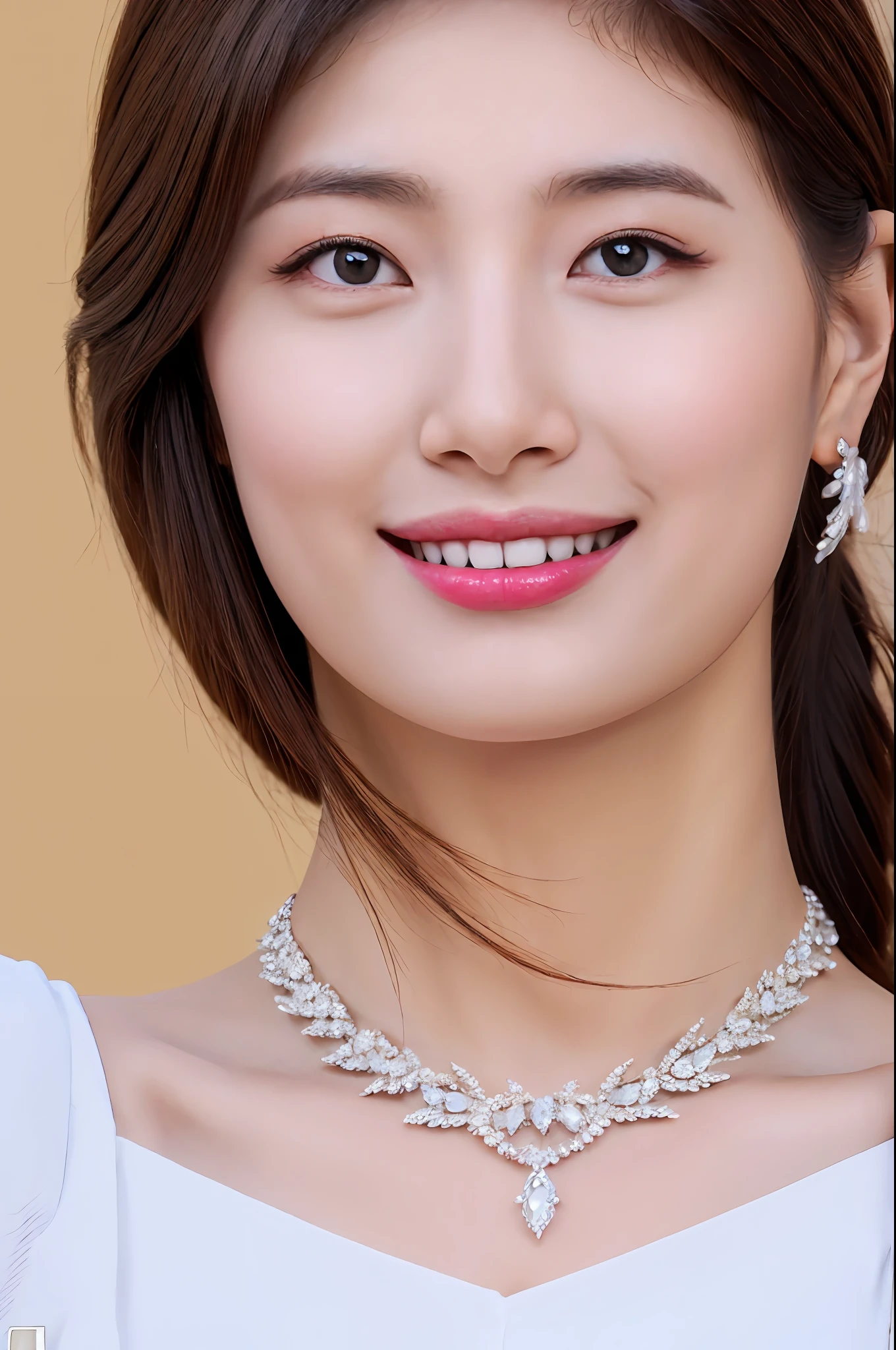 8K, Best quality, Masterpiece, Realistic, Super detail, f/1.2, 85mm, Nikon, Smiling woman with shiny hair, Natural makeup, white off-shoulder tops，Ruffled sleeves, Diamond pendant necklace