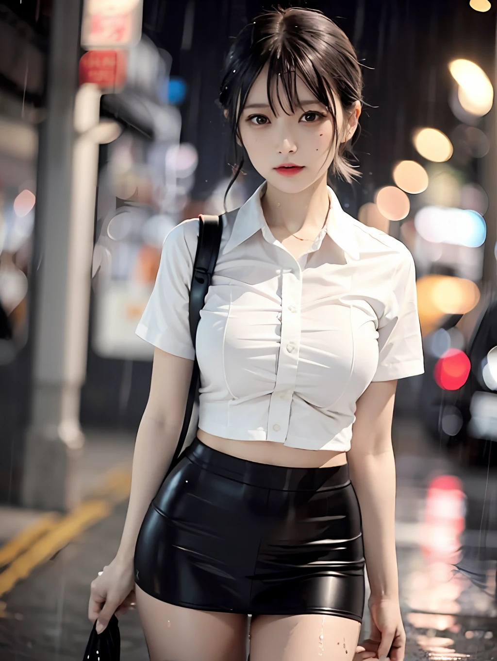 top-quality、1girl,Korea person、A darK-haired、Shorthair、Wet hair:1.2、double eyelid、Narrow-eyed、Uniform that is wet:1.5、huge tits:1.1,Black underwear shows through、black miniskirt、Thin leg、Angle from diagonally above、Standing position、View here、natta、rain is falling、A path without people、Background blur