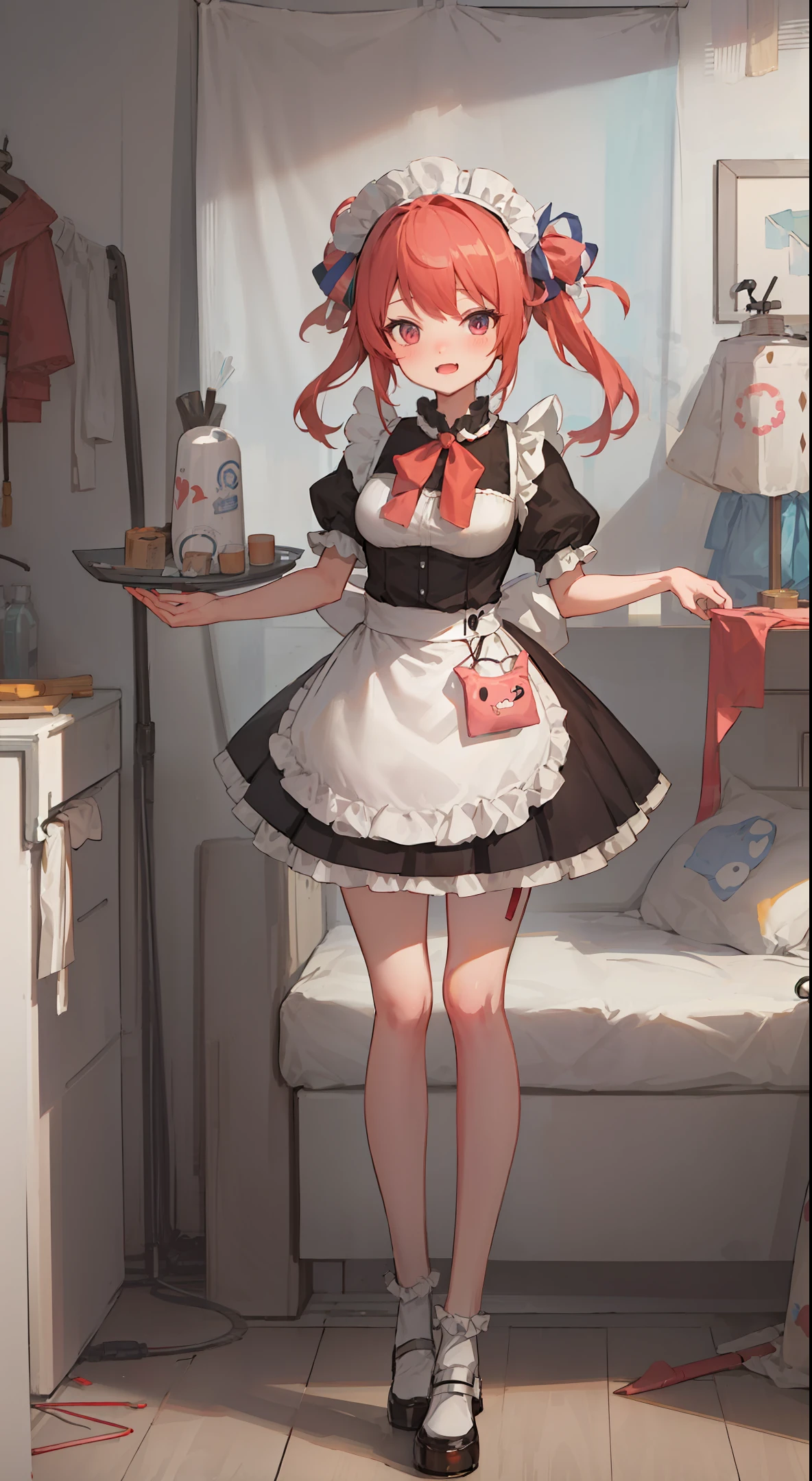 Anime girl in maid outfit holding a tray of food in a room - SeaArt AI