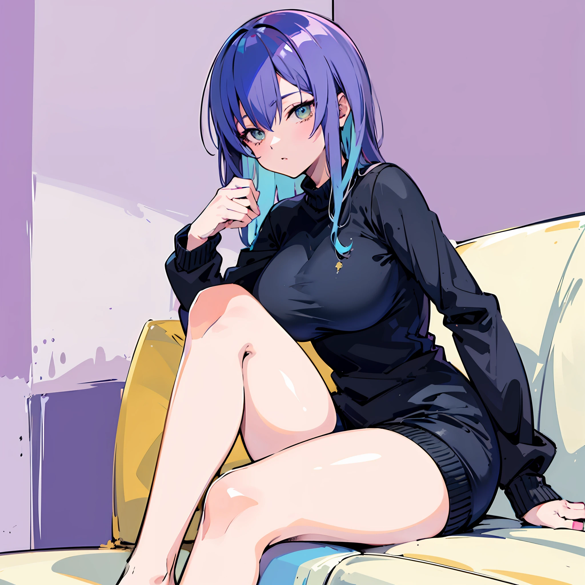 anime girl sitting on a диван with her legs crossed, По мотивам Муны Хошиновой, 2D стиль аниме, сделано в студии аниме-художника, аниме Мо артстиль, [ Цифровое искусство ]!!, в стиле аниме, в стиле аниме, инструмент для рисования сай!! синий, аниме артстиль, cel — затененный художественный стиль, неизвестный художественный стиль, sitting on the диван (единство ГГ, 8к обои, ультра HD, шедевр, Лучший хайлайт, Холодный свет), (гостиная, диван, Тусклый свет,Фиолетовая стена), (1 девушка,Один) ((синий medium hair, с зелеными мелированными волосами), Светлая кожа, симметричное лицо, Красота для лица (глаза высокой детализации, зеленые глаза)), (морда кирпичом), ((большая грудь, Лучший рисунок тела, толстое тело, толстая нога), (в черной куртке-джемпере), (обнаженная голая нога)), Вид спереди правый край ботом.