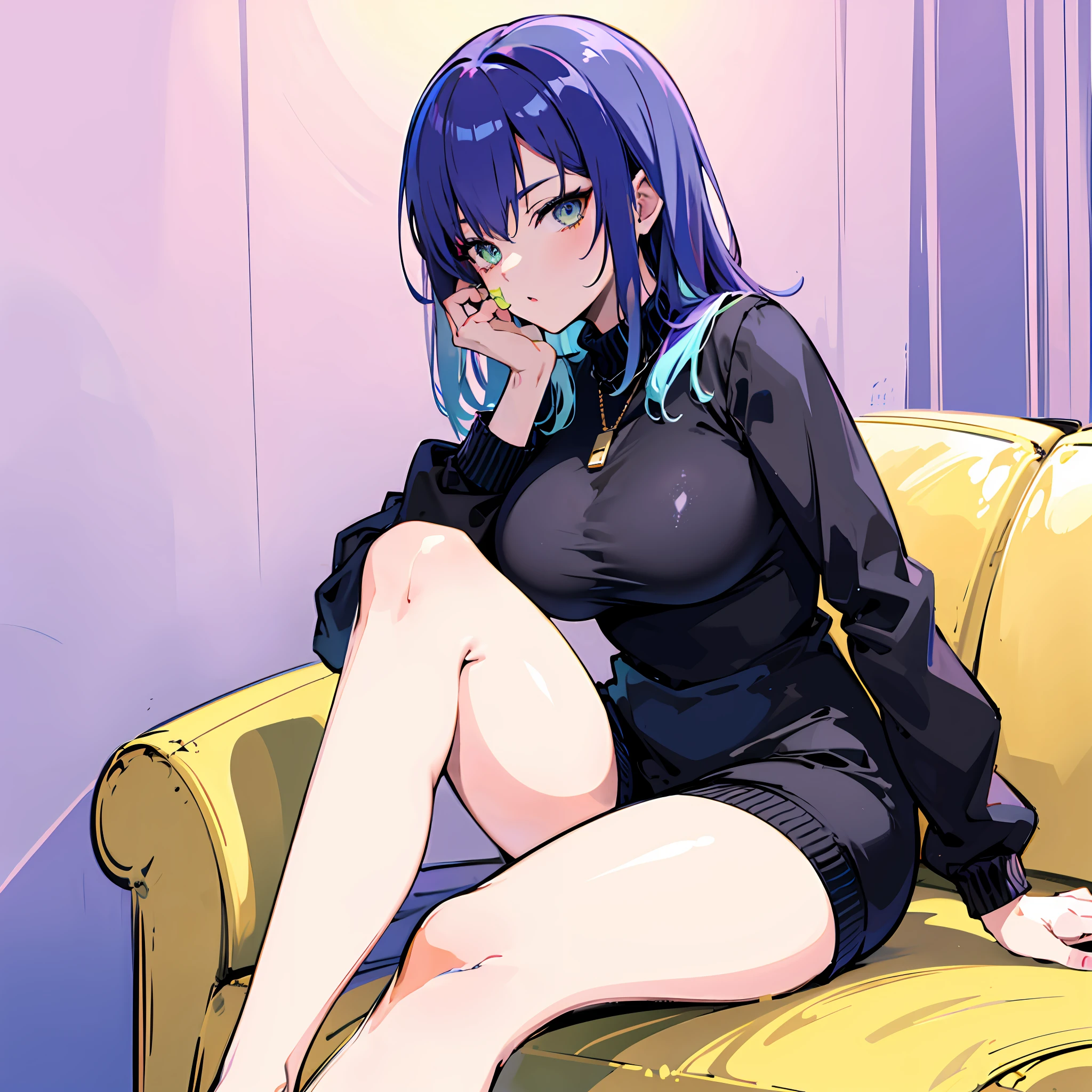 anime girl sitting on a диван with her legs crossed, По мотивам Муны Хошиновой, 2D стиль аниме, сделано в студии аниме-художника, аниме Мо артстиль, [ Цифровое искусство ]!!, в стиле аниме, в стиле аниме, инструмент для рисования сай!! синий, аниме артстиль, cel — затененный художественный стиль, неизвестный художественный стиль, sitting on the диван (единство ГГ, 8к обои, ультра HD, шедевр, Лучший хайлайт, Холодный свет), (гостиная, диван, Тусклый свет,Фиолетовая стена), (1 девушка,Один) ((синий medium hair, с зелеными мелированными волосами), Светлая кожа, симметричное лицо, Красота для лица (глаза высокой детализации, зеленые глаза)), (морда кирпичом), ((большая грудь, Лучший рисунок тела, толстое тело, толстая нога), (в черной куртке-джемпере), (обнаженная голая нога)), Вид спереди правый край ботом.