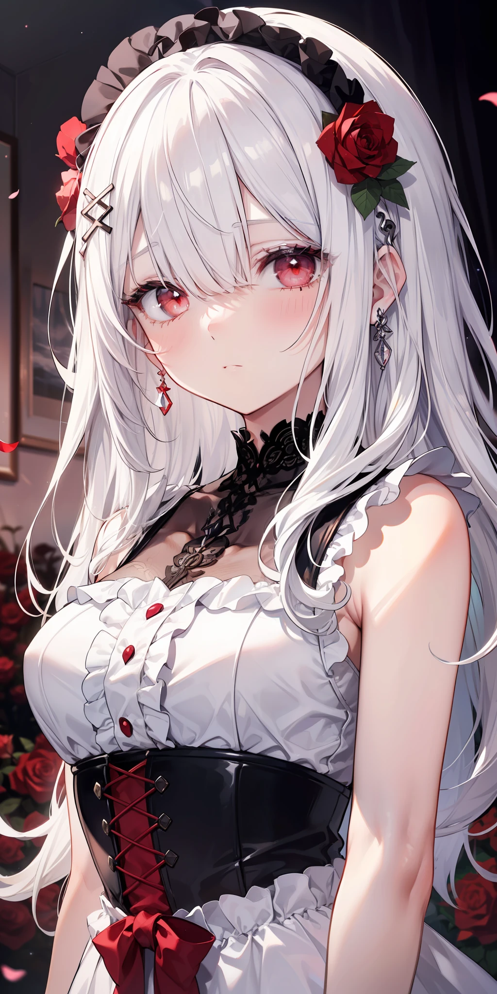(limited palette), best quality, (((masterpiece))), (((beautiful detailed hair))), (((beautiful detailed skin))), solo, , younger, , (((white hair))), red eyes, (mascara), blunt bangs, ((hair over eyes)), long hair, medium breasts, frilled white dress, white frills, too many frills, rose, noble, loyal, brides hair head, (((eye focus))), (((expressionless))), blurry background, empty eyes, blank eyes, (red theme), bedroom background, looking at viewer, (((hair tucking))), (((night))), half-closed eyes, close-up, (((hair ornament))), upright body, Neatly cut bangs, braided hair behind head, sleeveless dress,