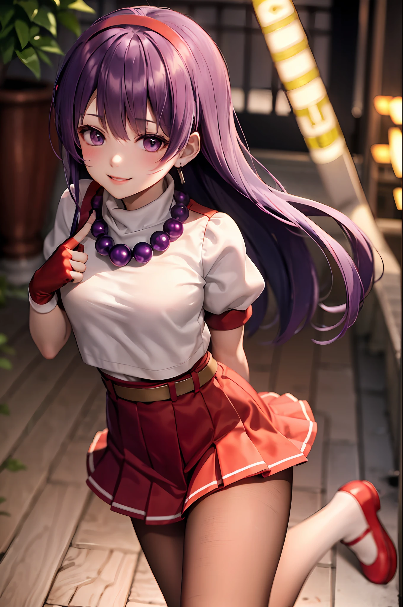 (masterpiece), (best quality), (ultra-detailed), intricate detail, athena97, 1girl, solo, purple eyes, purple hair, long hair, white earrings, red hairband, star hair ornament, medium breats, red vest, white turtleneck, white puffy sleeves, short sleeves, red pleated skirt, (deep red pantyhose:1.2), black pantyhose, yellow belt, purple sphere shape necklace, red fingerless gloves, white short socks, red shoes,   (outdoors), photography, smile, blush, sunny, nsfw, cowboy shot,