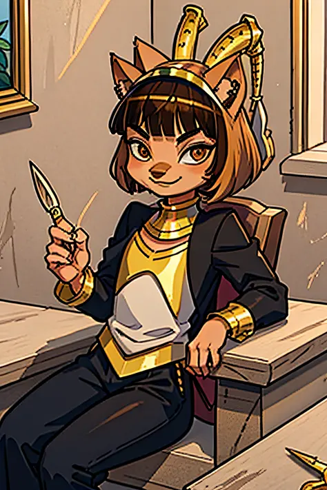 Best Quality, Ultra-detailed, Illustration, a throne, Male child、Furry masculinity, Solo, Looking at Viewer, Short hair, Blunt bangs, Golden head hair, antennae,Scissors、 Cat ears, Dark skin, Brown eyes, Black Suit, small nose, Sit up, Smile, Closed mouth,...