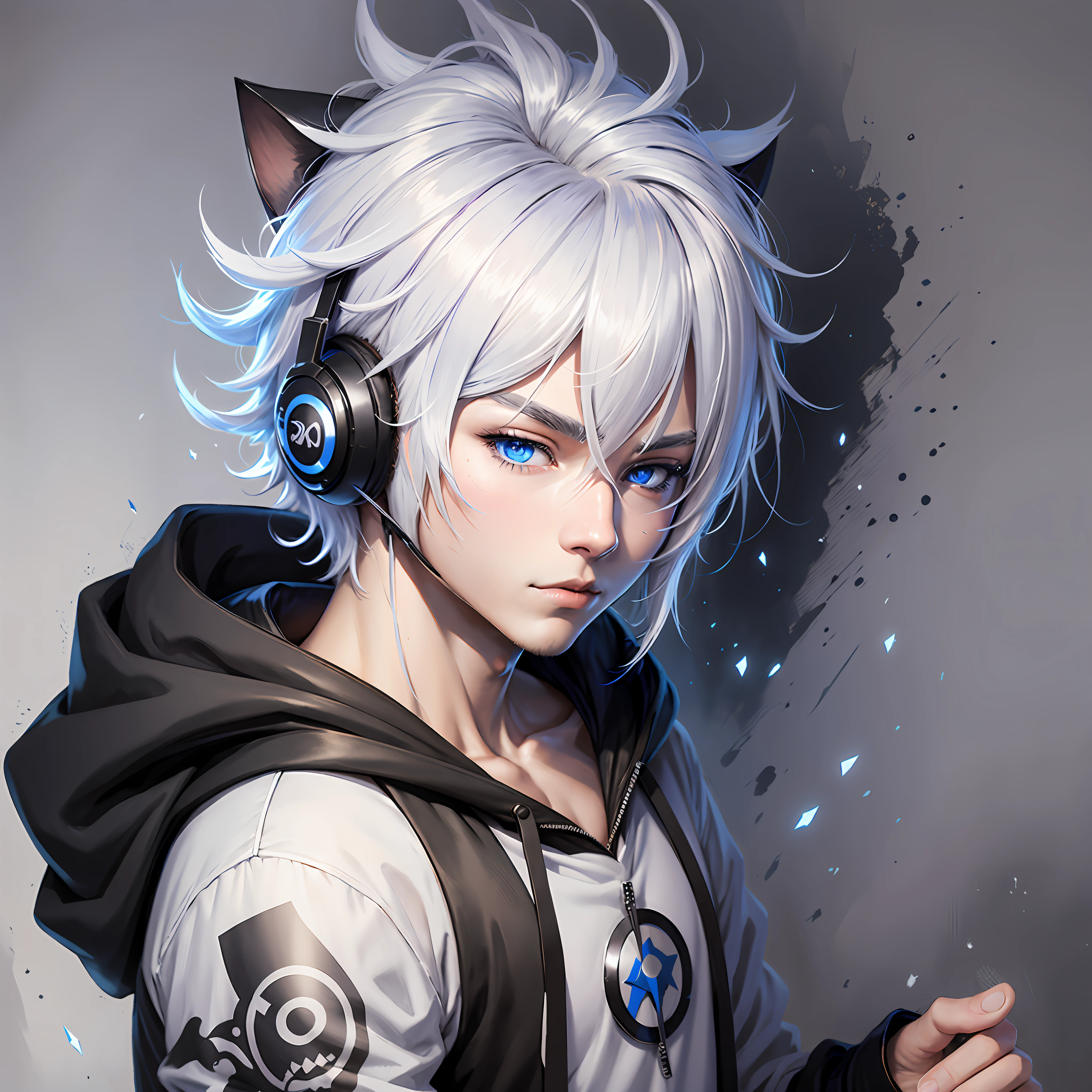 menino anime,mascarador preto,cabelo branco,estilo legal, bluemenino anime,mascarador preto,cabelo branco,estilo legal, olhos azuis,Gato do fone de ouvido,jogadores com capuz eyes,Gato do fone de ouvido,jogadores com capuz