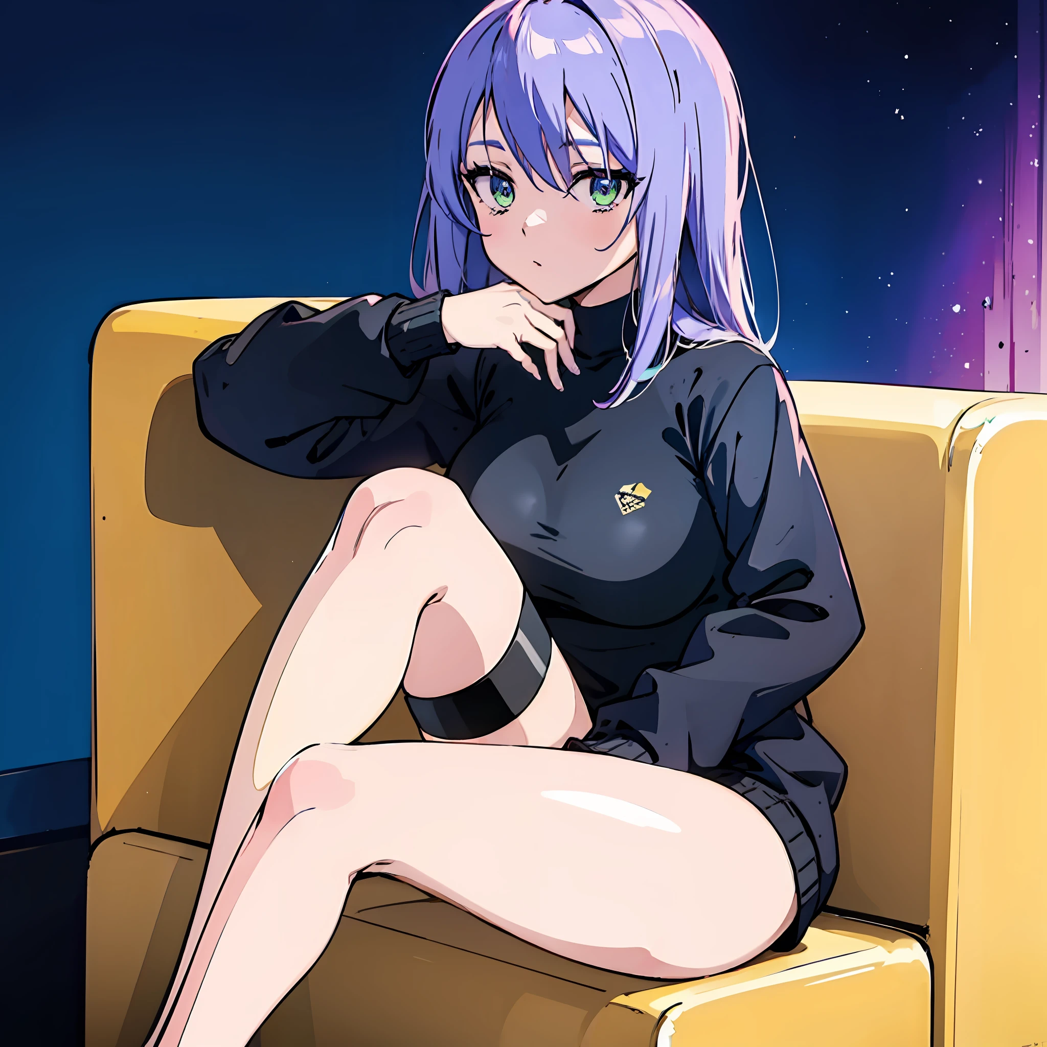 anime girl sitting on a sofá with her legs crossed, Inspirado em Mona Hoshinova, estilo anime 2d, feito com estúdio de pintor de anime, estilo de arte anime moe, [ arte digital ]!!, em estilo anime, no estilo anime, Ferramenta de pintura Sai!! azul, Estilo de arte de anime, cel - estilo de arte sombreado, estilo de arte desconhecido, sitting on the sofá (unidade, Papel de parede 8k, ultra HD, obra de arte, Melhor destaque, Luz fria), (sala de estar, sofá, Luz difusa,parede roxa), (1 garota,Sozinho) ((azul medium hair, com cabelo de destaque verde), Pele clara, rosto simétrico, rosto bonito (olhos de alto detalhe, olhos verdes)), (Poker Face), ((peito grande, Melhor desenho corporal, corpo grosso, perna grossa), (vestindo jaqueta preta jumper), (Perna nua exposta)), ver borda botom de direito frontal.