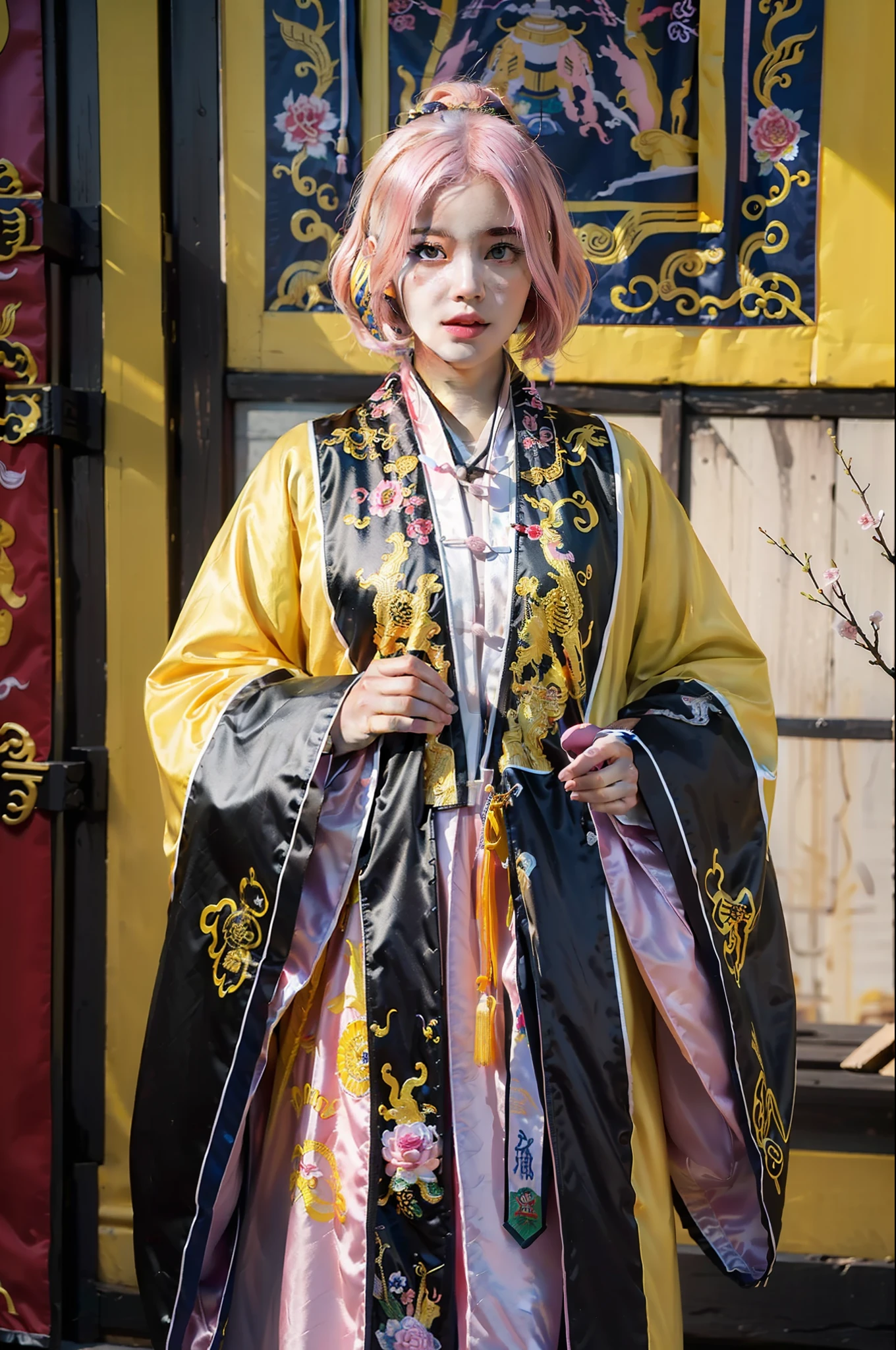 ((masterpiece), (best quality), ultra high res, (raw photo:1.2), (photorealistic:1.4), Exceptional detail, dramatic lighting, highres,   8k, absurdres, solo, 
CNGirl_2, 1girl, ((pink hair)), close up, daoist_robe, yellow daoist robe,  Chinese Temple, fantasy, incense, long hair, looking at viewer,