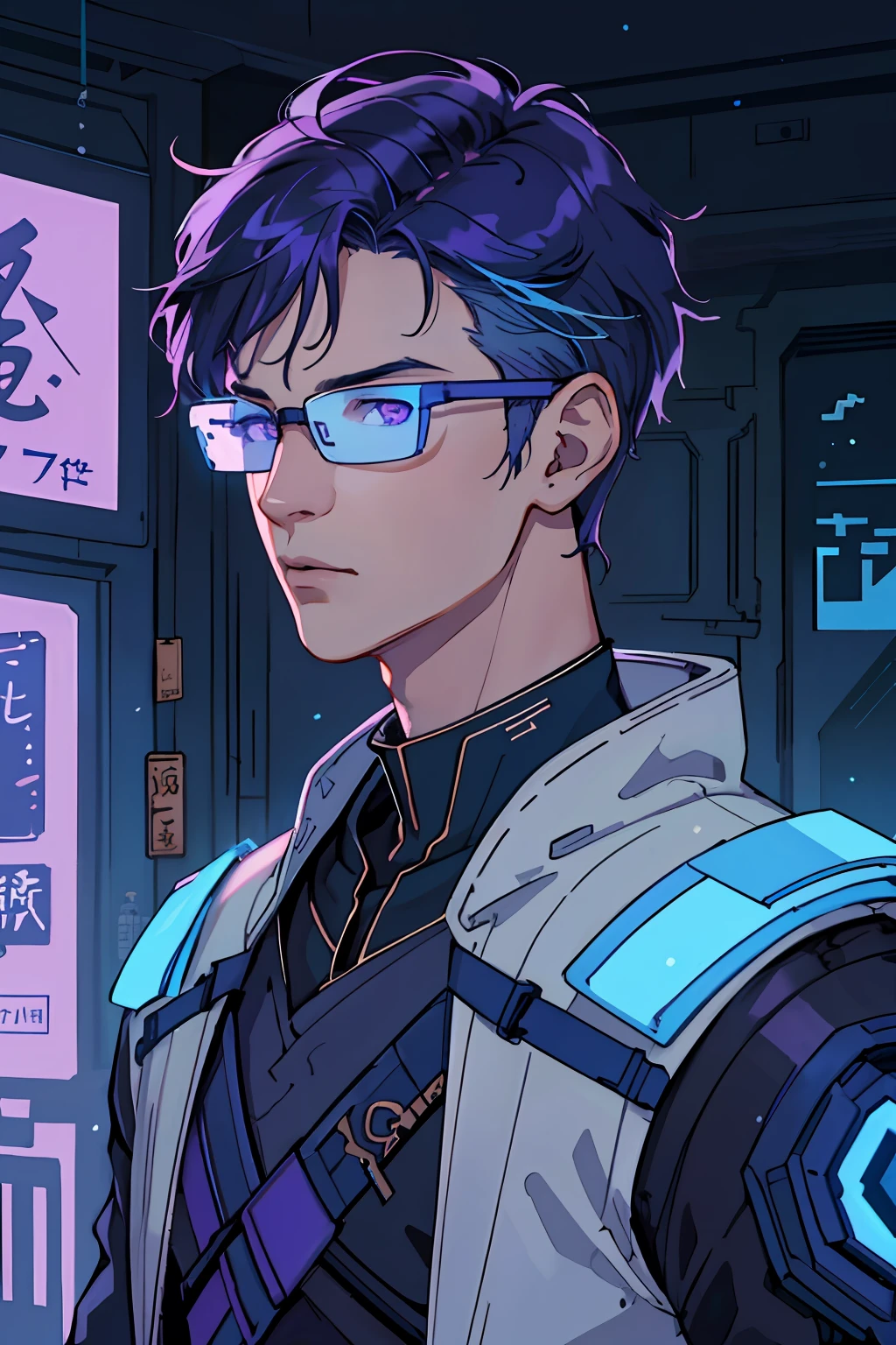 Antonio Moro, masterful, (1 male), (Half-body), tall young man, Skinny guy, ((male focus)), Guy, Short blue hair, disheveled hairstyle, Glasses Virtual Antennas, Glowing shades of purple and blue, pale skin tone, Spark's bright gray eyes, Particles, cyber punk, Future Man, gazing_at_Viewer, Reinforced purple suit, The device of small time on the wrist, solo, Standing, symmetric eyes, Subtle eyeshadow, Detailed face and eyes, dinamic lighting, Cinematic lighting, voluminous lighting, extra high resolution, cyber punk, The city of the future with bright neon lights, Cybernetic landscape, style of: ModelShooting, (Extremely detailed CG unity 8k wallpapers), professional majestic oil painting by Ed Blinkey, Etty Gailan, Studio Ghibli, by Jeremy Mann, Greg Manchess, Trending on Artstuion, trending on CGsociety, Intricate, high detail, sharp-focus, dramatic, Photorealistic painting of Midjourney and Greg Rutkowski.