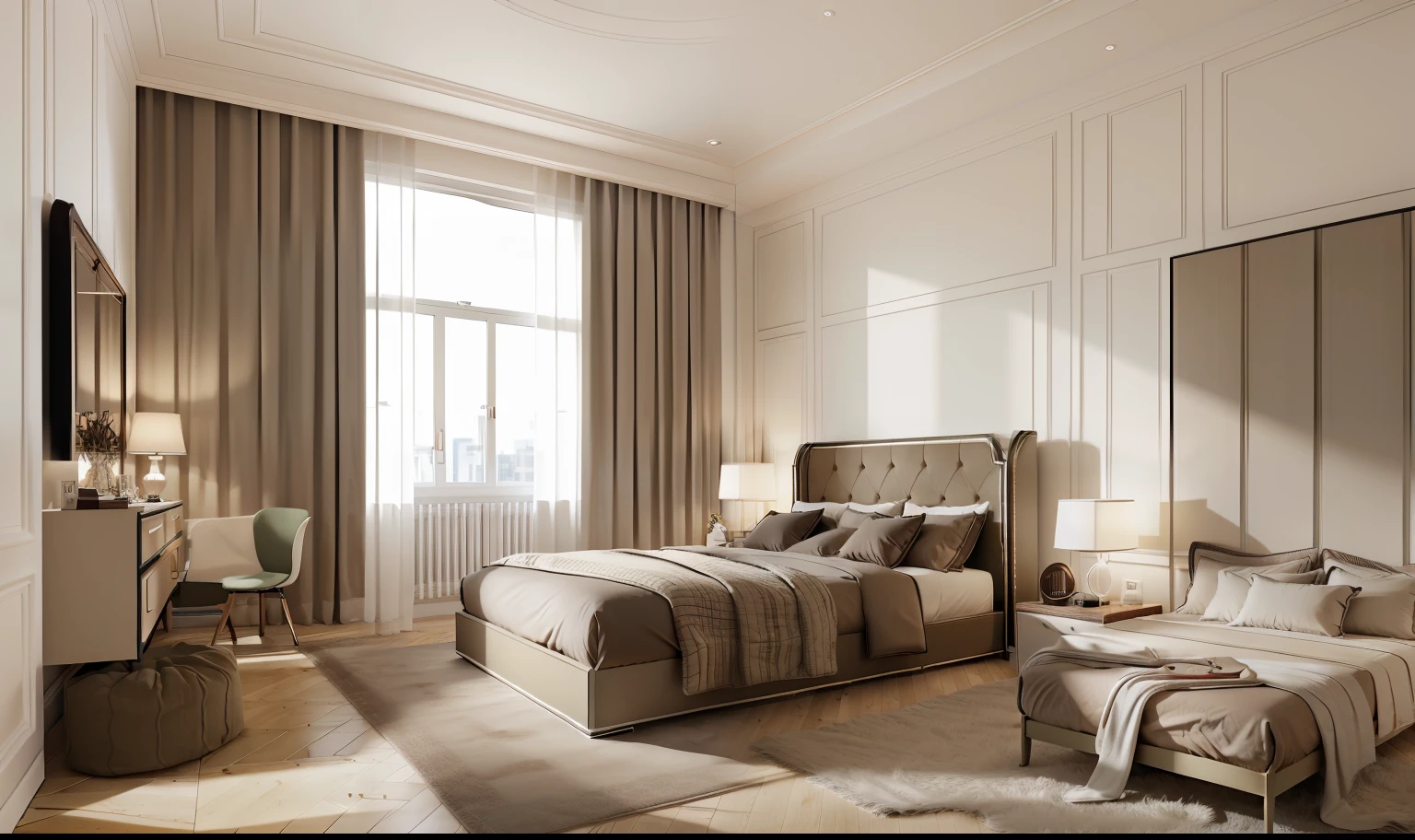 ((indoor neo classical bedroom scene.)), morden bedroom (about bedroom:1.3), (realistic), (masterpiece), super-detailed, ultra-realistic, (full detail), (high quality), (8k), (4k), 1 window from the wall to the ceiling.