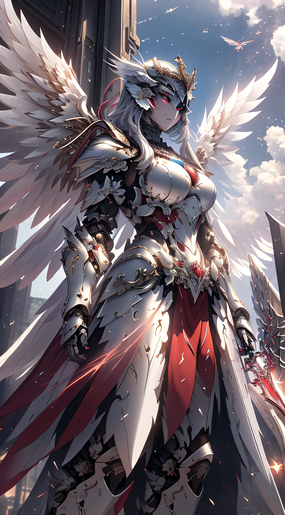 masterpiece, highly detailed CG unified 8K wallpapers, 8k uhd, dslr, high quality, clean, ((a goddess in a white mechanical armor with large wings, godly aura, magical, fly in the sky)), glowing eyes, cinematic lighting, ultra-high resolution, ultra-high detailed, high-definition,