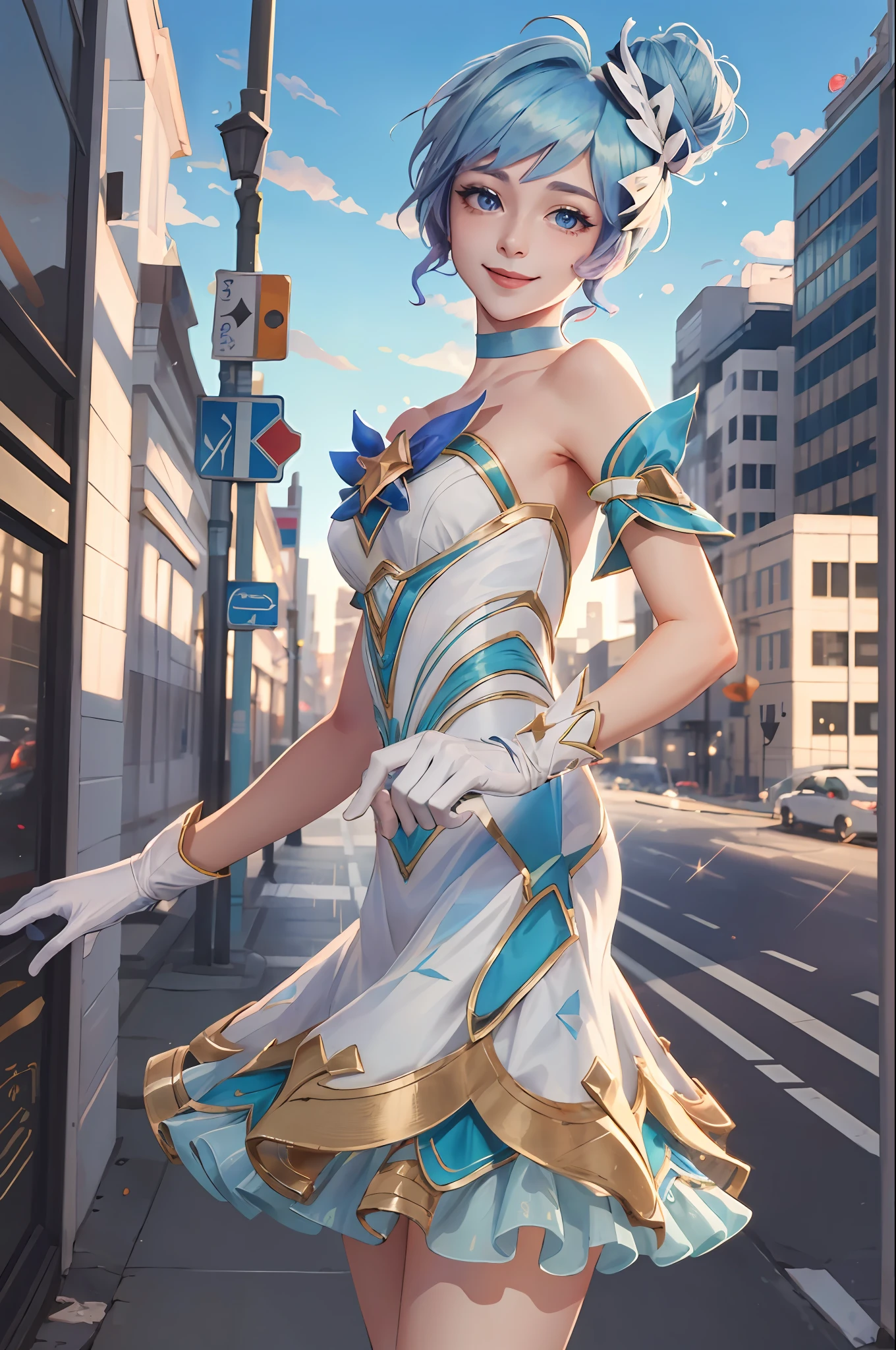 (obra maestra:1.4), (mejor calidad:1.2), star guardian orianna, pelo azul, Moño, bailarina, vestido corto, guantes blancos, sonrisa, Parte superior del cuerpo, retrato