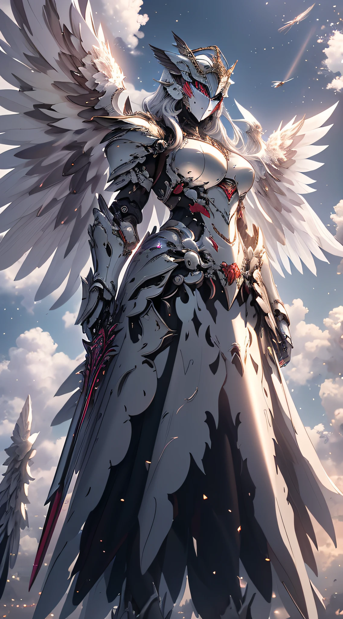masterpiece, highly detailed CG unified 8K wallpapers, 8k uhd, dslr, high quality, clean, ((a goddess in a white mechanical armor with large wings, godly aura, magical, fly in the sky)), glowing eyes, cinematic lighting, ultra-high resolution, ultra-high detailed, high-definition,