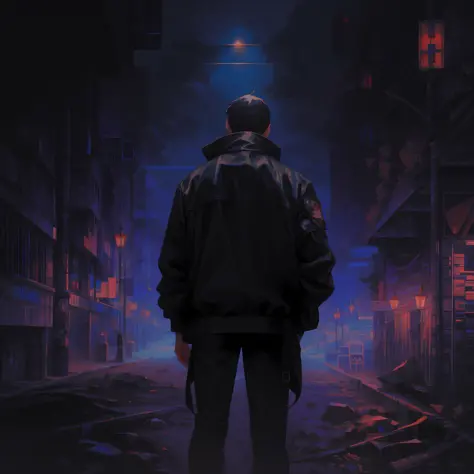 Um homem, wearing a black jacket with zipper closed, sentado em um muro de concreto na rua central de uma cidade grande, It's a ...