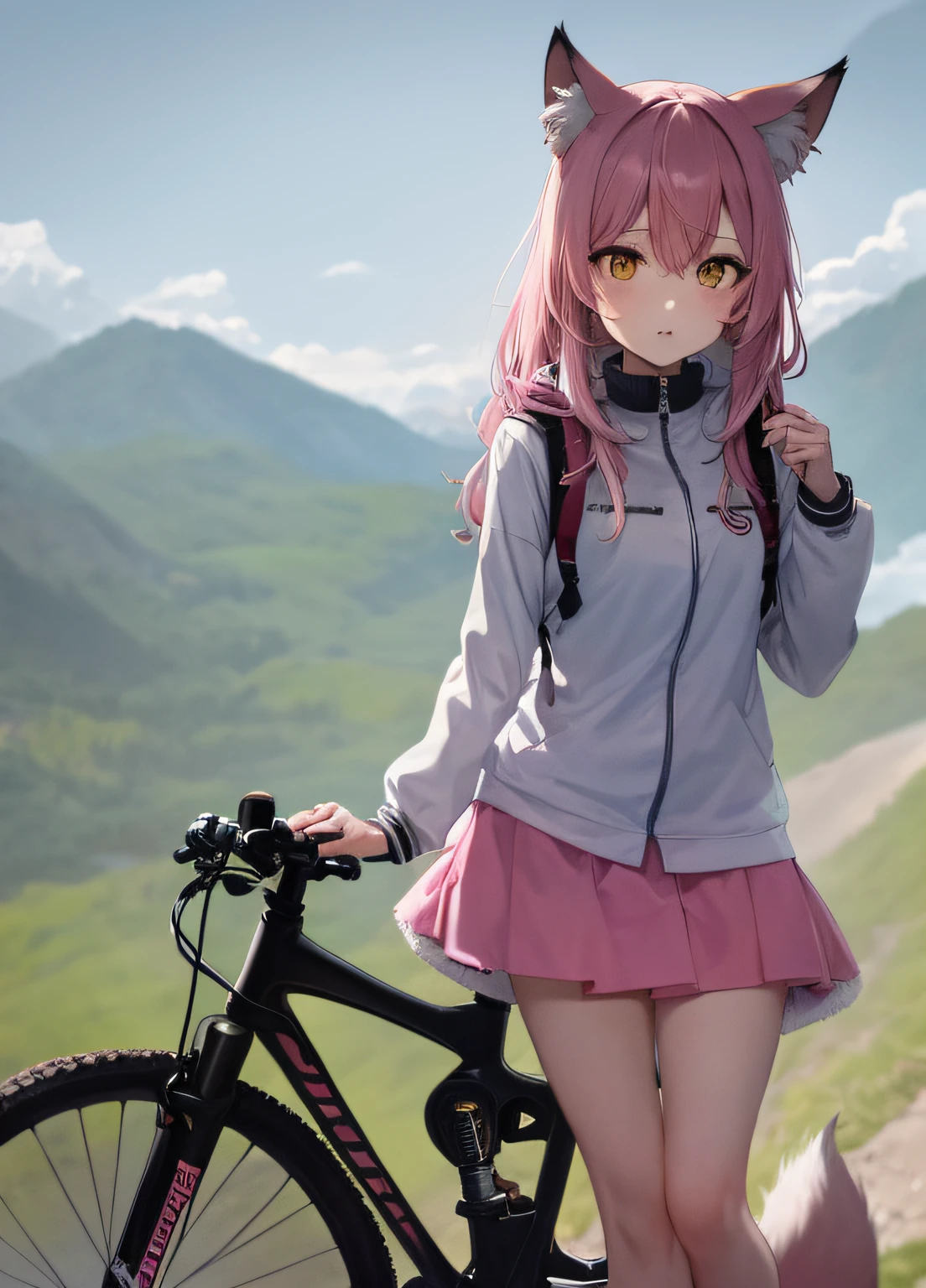 Nasona Hita, 1girll, do lado de fora, 独奏, Pink hair, bodyfur, fox ear, fox tails, A high resolution, Wear clothes, hairy pubic, tack sharp focus, Superskirt, Colorful, The upper part of the body，Mountain biking，Mountain tops，