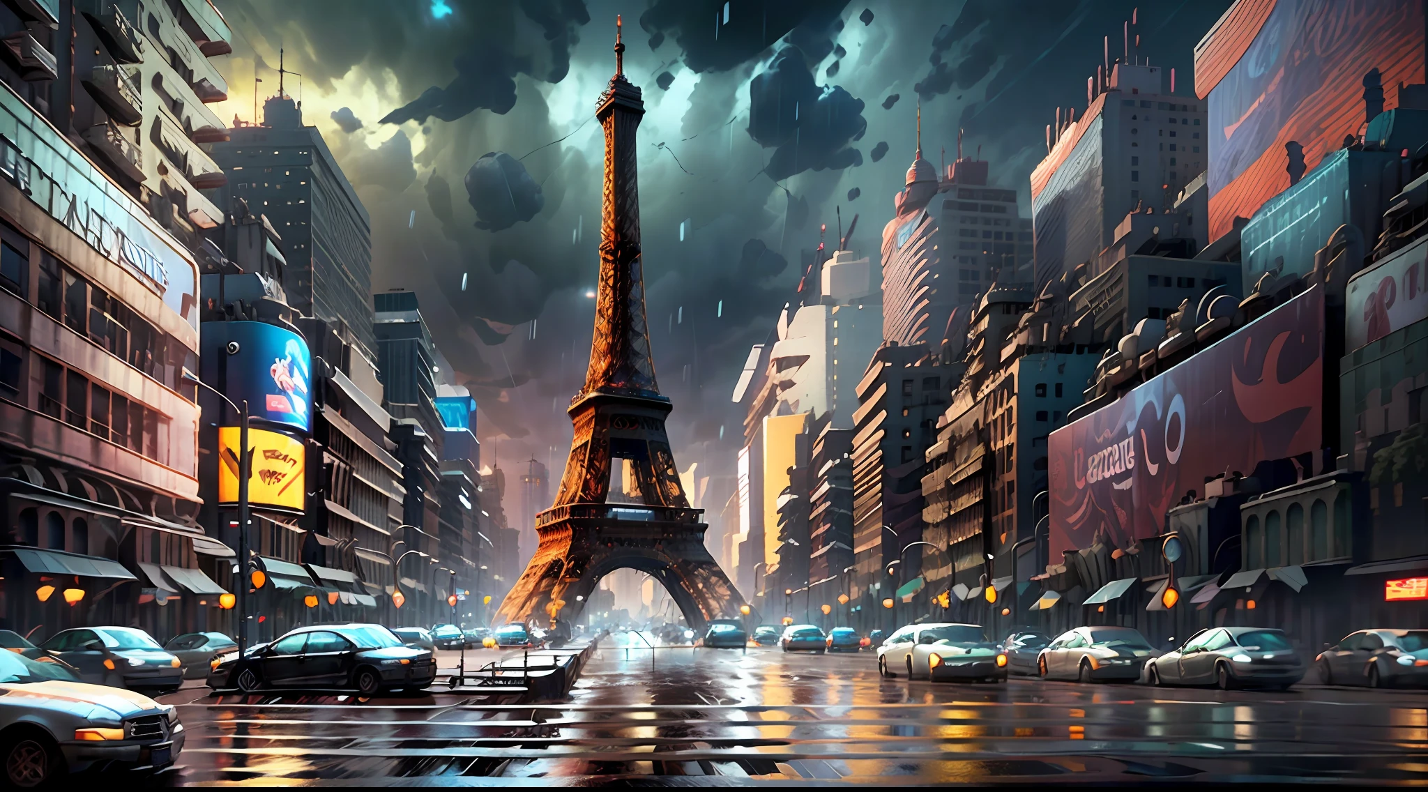 Tour Eiffel sur la place Times de New York, il pleut, temps nuageux , chemise ultra blanche éclairage cinématographique 8k ultra réaliste. --auto --s2
