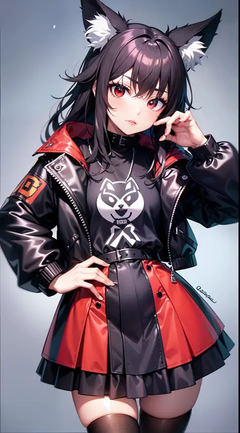 (Anthropomorphic fox cute cub) with black jacket, Red eyes, Bad girl, Young, Portrait, Bust, posture facing the camera, Cartoon,...