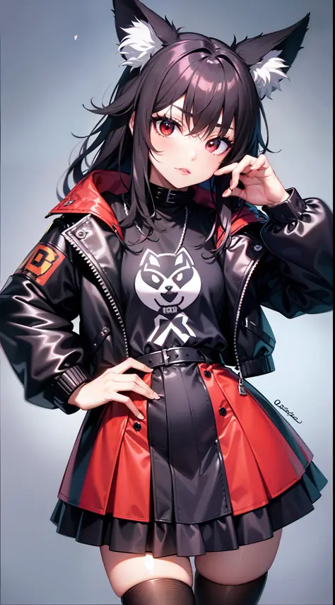 (anthropomorphic fox cute cub) with black jacket, red eyes, bad girl, young, portrait, bust, posture facing the camera, cartoon,...