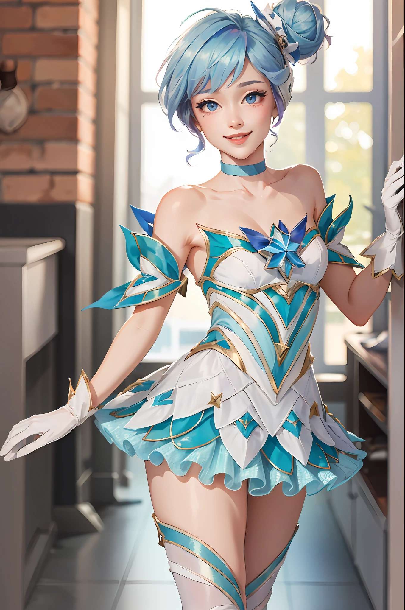 (obra maestra:1.4), (mejor calidad:1.2), star guardian orianna, pelo azul, Moño, bailarina, vestido corto, guantes blancos, sonrisa, Parte superior del cuerpo, retrato