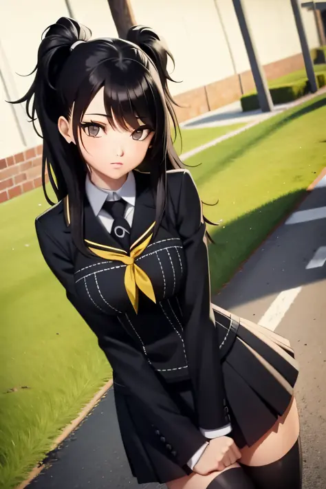 whaite hair，schoolgirls，anime black hair，pupils，school ground，blackstockings,black eyes