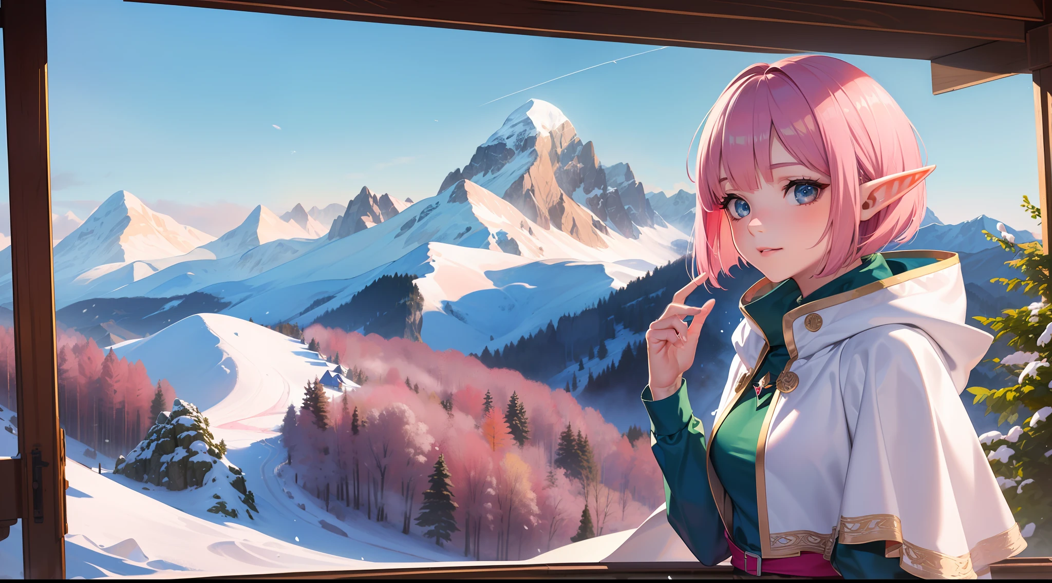 ((A first-class masterpiece)), (top-quality), (hight resolution), (An elf girl:1.3), (Beautiful pink bob cut:1.3),Ski Wear、 (White cloak:1.2), (beautidful eyes:1.3),Bright sunlight、 Snowy mountain peaks in the background, (bustshot:1.2)