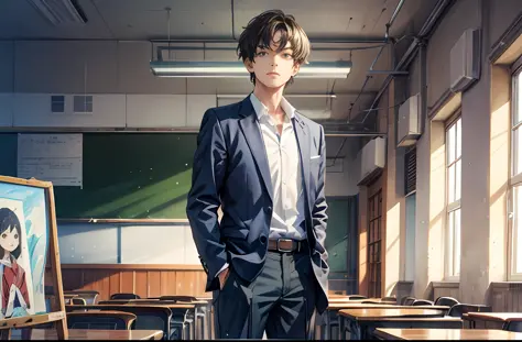 Miyazaki's painting style，of a guy，in blouse wearing，Stand in front of classrooms and podiums，bust