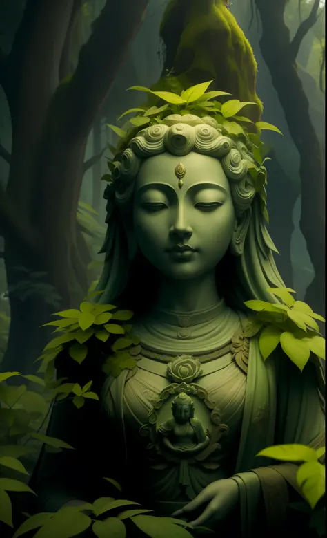 Goddess of the mossy earth，mito, goddess of nature, goddess of nature, Guanyin, fantasy movie still, cinematic goddess close sho...