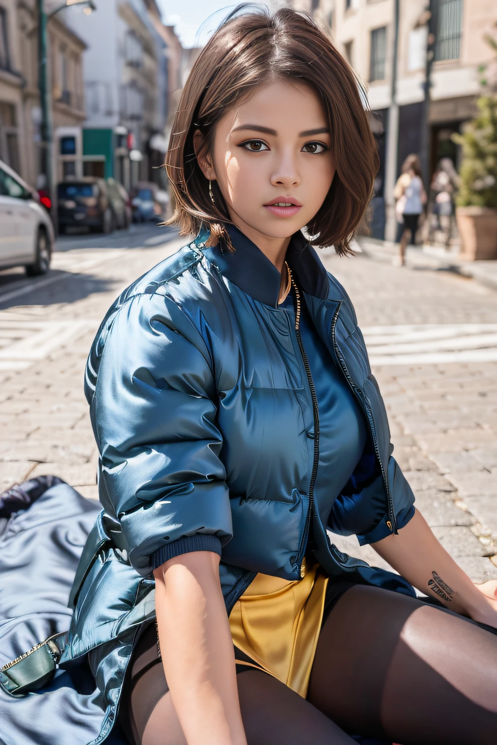 Selena Gomez, (portant une jupe longue en soie bleue surdimensionnée_Puffer_veste:1.3), Allongez-vous sur l&#39;herbe, Caméra aérienne, netteté, beau,Jambes dodues, maigre,Éclairage professionnel,Ville, lignes des yeux,Collier en or,yeux rendus,grand corps,femme adulte,ornement de cheveux,Instagram le plus consulté,fond d&#39;écran officiel, art officiel,(idole kpop), une mini-jupe plissée en soie jaune, les yeux mi-clos,bâtiment,((art de peinture photoréaliste par Midjourney et Greg Rutkowski)),((mannequin)), leggings, (haut court moulant)