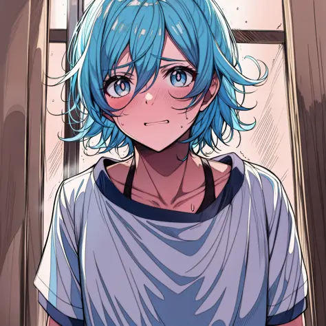 nervous genderfluid teenager with light blue hair, grey eyes, shy, nervous, sweating,