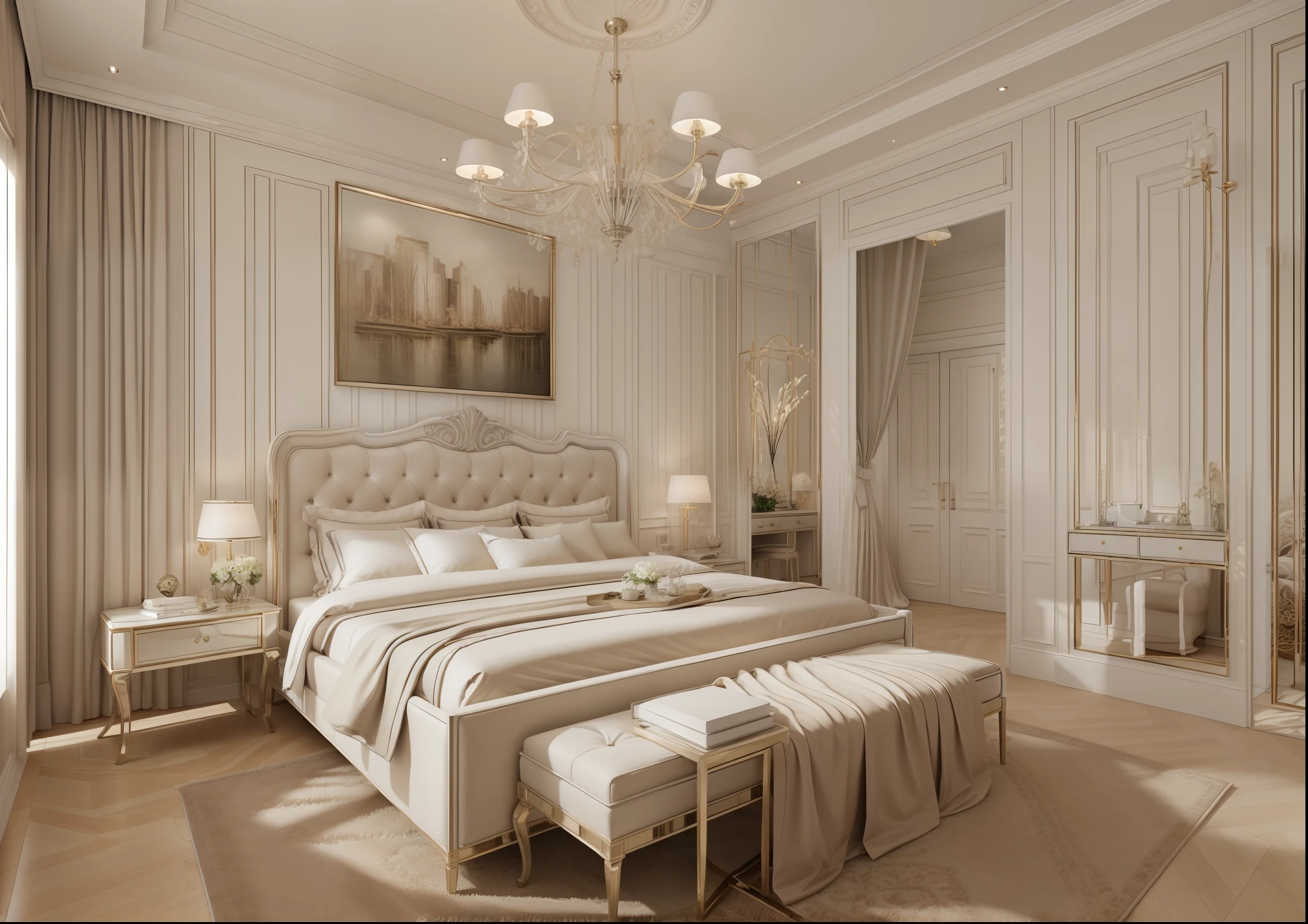 best quality, master picece, hyper detail, supper detail, best realistic, (classical bedroom, beautiful lighting, shimmering)|[dreamy:1.2+airy:0.9],(whiten tone:1.3)