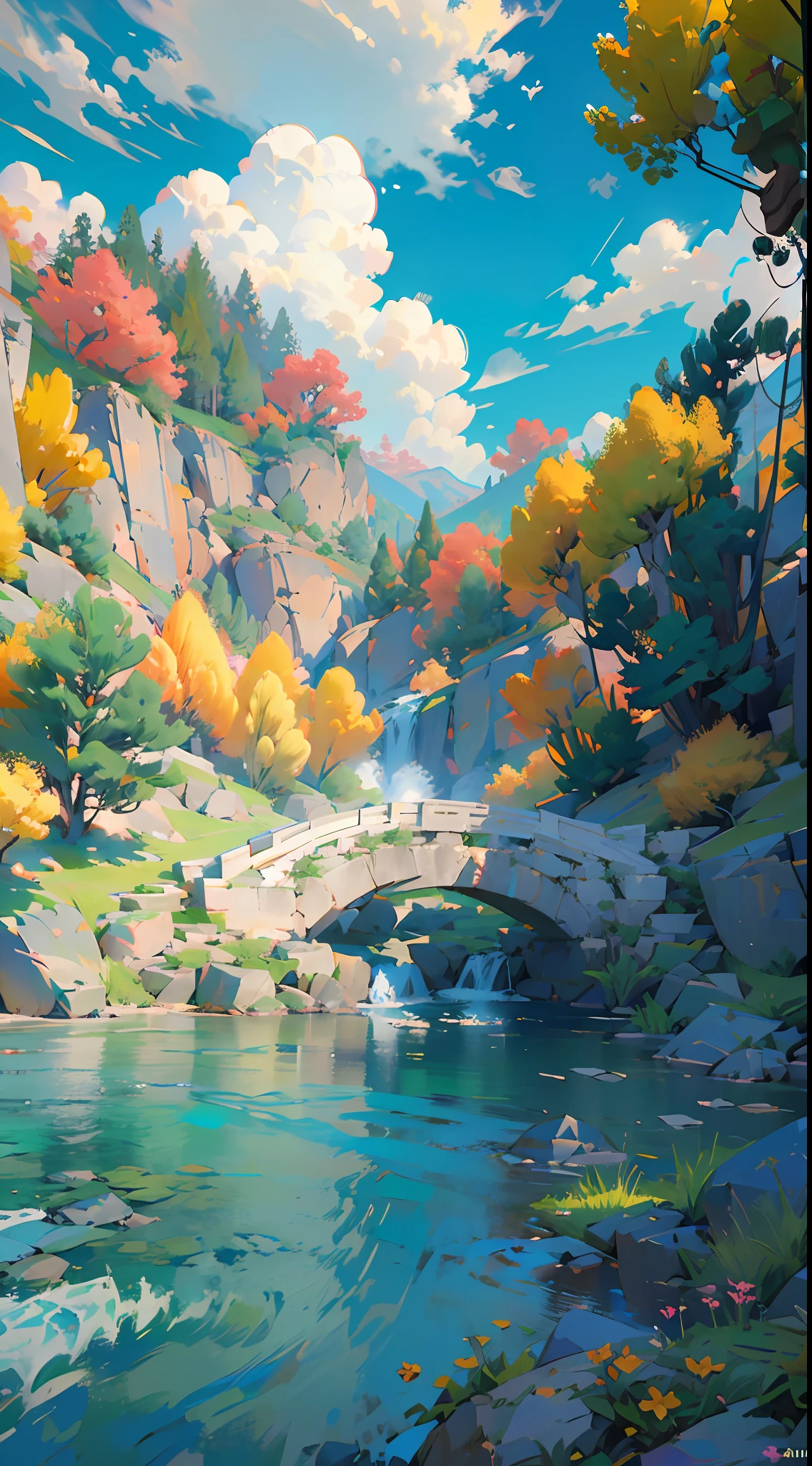 Un fondo de pantalla CG unity 8K increíblemente detallado y fotorrealista, la belleza de un jardín chino clásico, El impresionante paisaje presenta un sereno lago y un río rodeados de exuberante vegetación y majestuosos árboles., luz natural, cielo azul, Nubes esponjosas, cascada, bokeh, profundidad de campo, hdr, floración, aberración cromática, y detalles intrincados