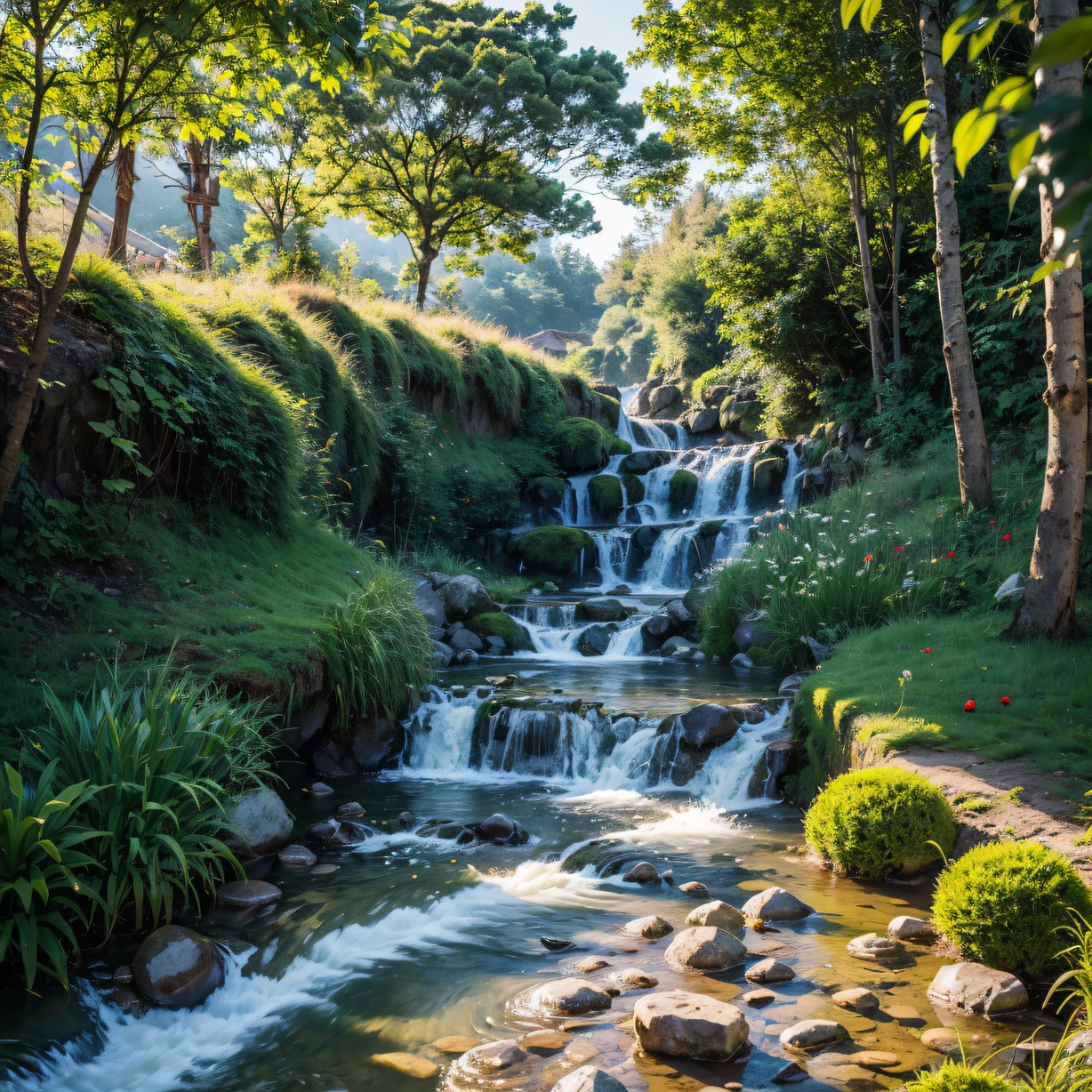 ，masterpiece, best quality，8k, ultra highres，Reallightandshadow，Cinema lenses，On screen，A meandering stream flows through the mountains。The clear stream merges into a clear spring，Water droplets fall from a height，Make a small splash。The banks of the stream are covered with a variety of verdant plants，The branches are covered with vigorous moss and tiny apple red mushrooms。Sunlight shines through the leaves，Reflects the entire valley picturesquely。