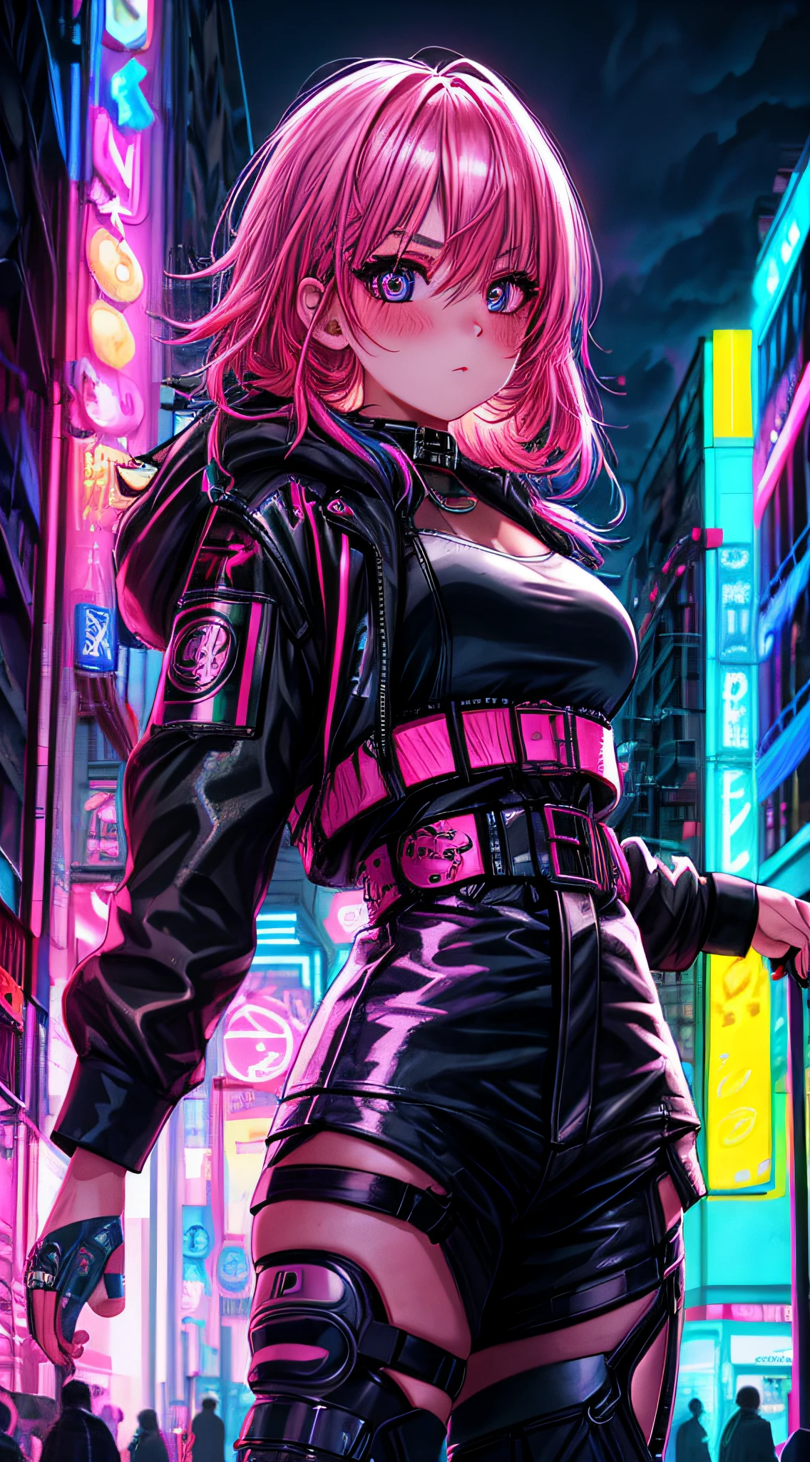 1girl,Creative hair,Rainbow Hair,City streets,fisheye,neon cold lighting, cyberpunk, blush, Waist Shot,Detailed face details,dynamic pose, rim lights,