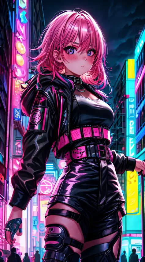 1girl,creative hair,rainbow hair,city streets,fisheye,neon cold lighting, cyberpunk, blush, waist shot,detailed face details,dyn...