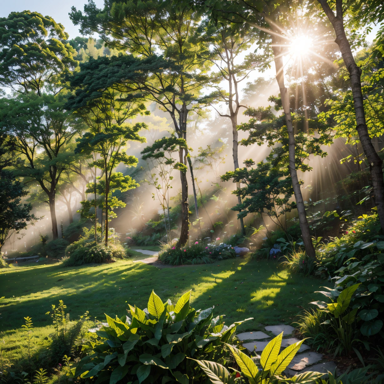 ，masterpiece, best quality，8k, ultra highres，Reallightandshadow，Cinema lenses，On screen，A splendid colorful forest appeared in front of you。The trees are tall and tall，The leaves take on a multicolored color。rot、yellow、de cor laranja、Green is intertwined，It's like a beautiful picture。The breeze blows through，The leaves rustle in all colors，As if whispering。Sunlight shines through the gaps in the canopy，Cast a mysterious and magnificent halo on the entire forest。