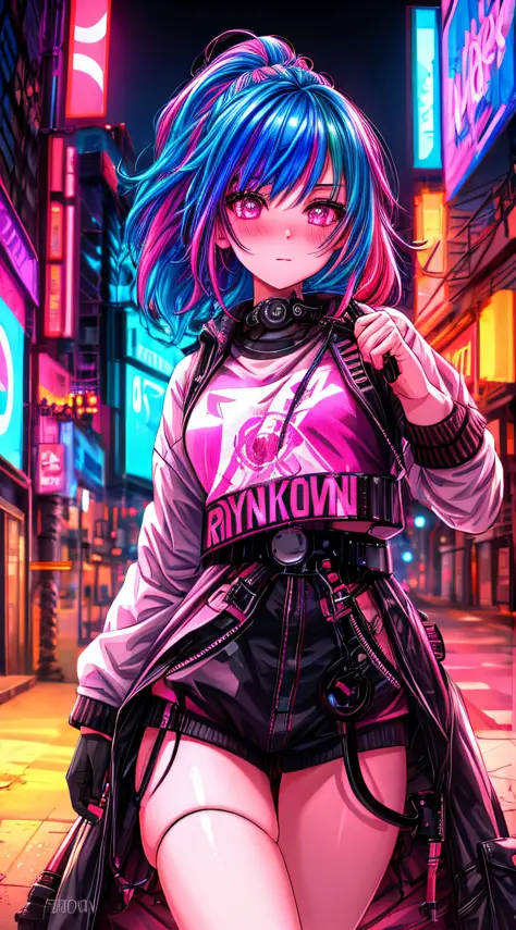 1girl,creative hair,rainbow hair,city streets,fisheye,neon cold lighting, cyberpunk, blush, waist shot,detailed face details,dyn...