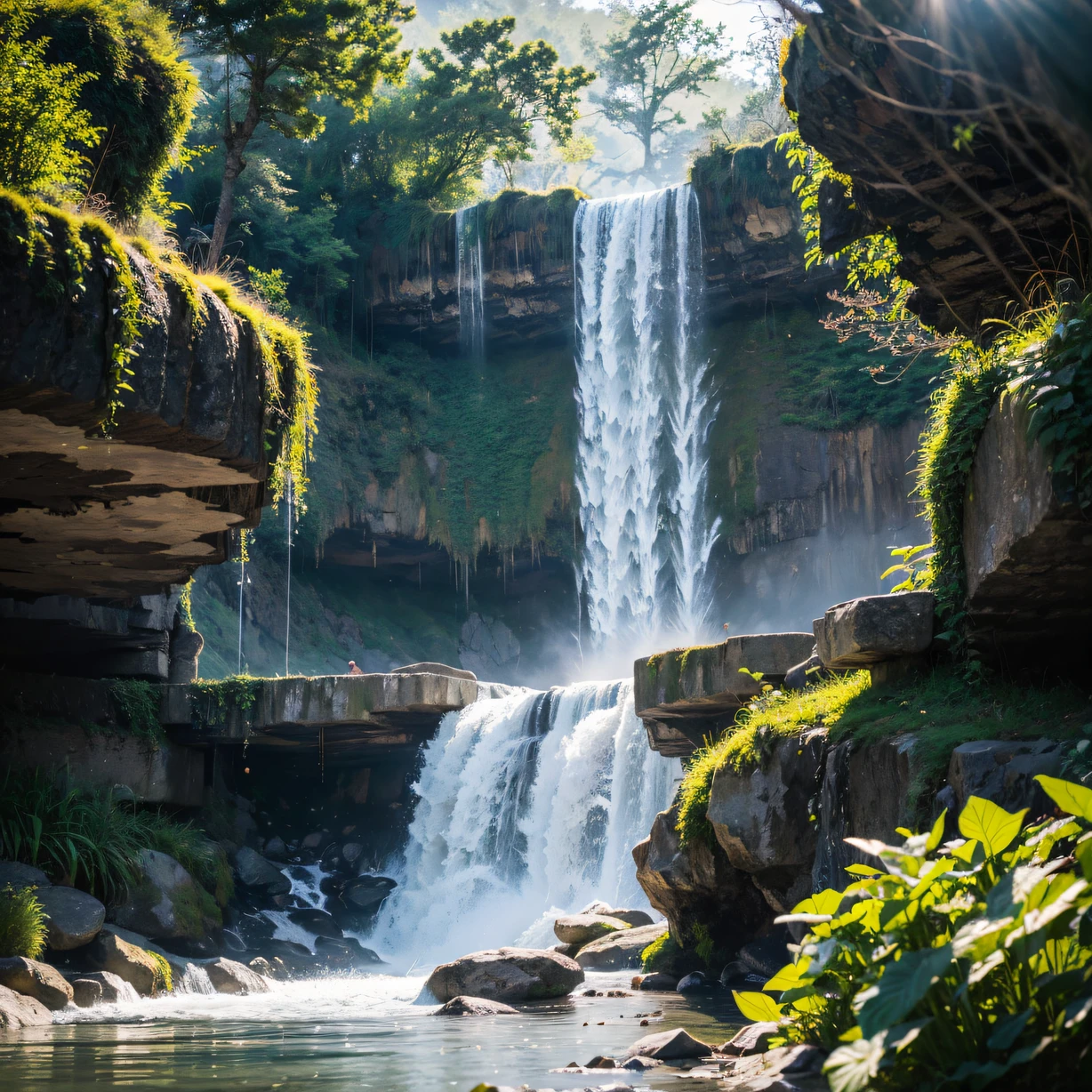 ，masterpiece, best quality，8k, ultra highres，Reallightandshadow，Cinema lenses，On screen，A waterfall rushes down a cliff。The water is churning，The splashing water forms a brilliant rainbow。A variety of moss and wildflowers grow on the rocks lining the waterfall，It adds a touch of life and color。Sunlight shines through the mist of the waterfall，Creates a fantastic landscape of light and shadow，There is a moist smell in the air。