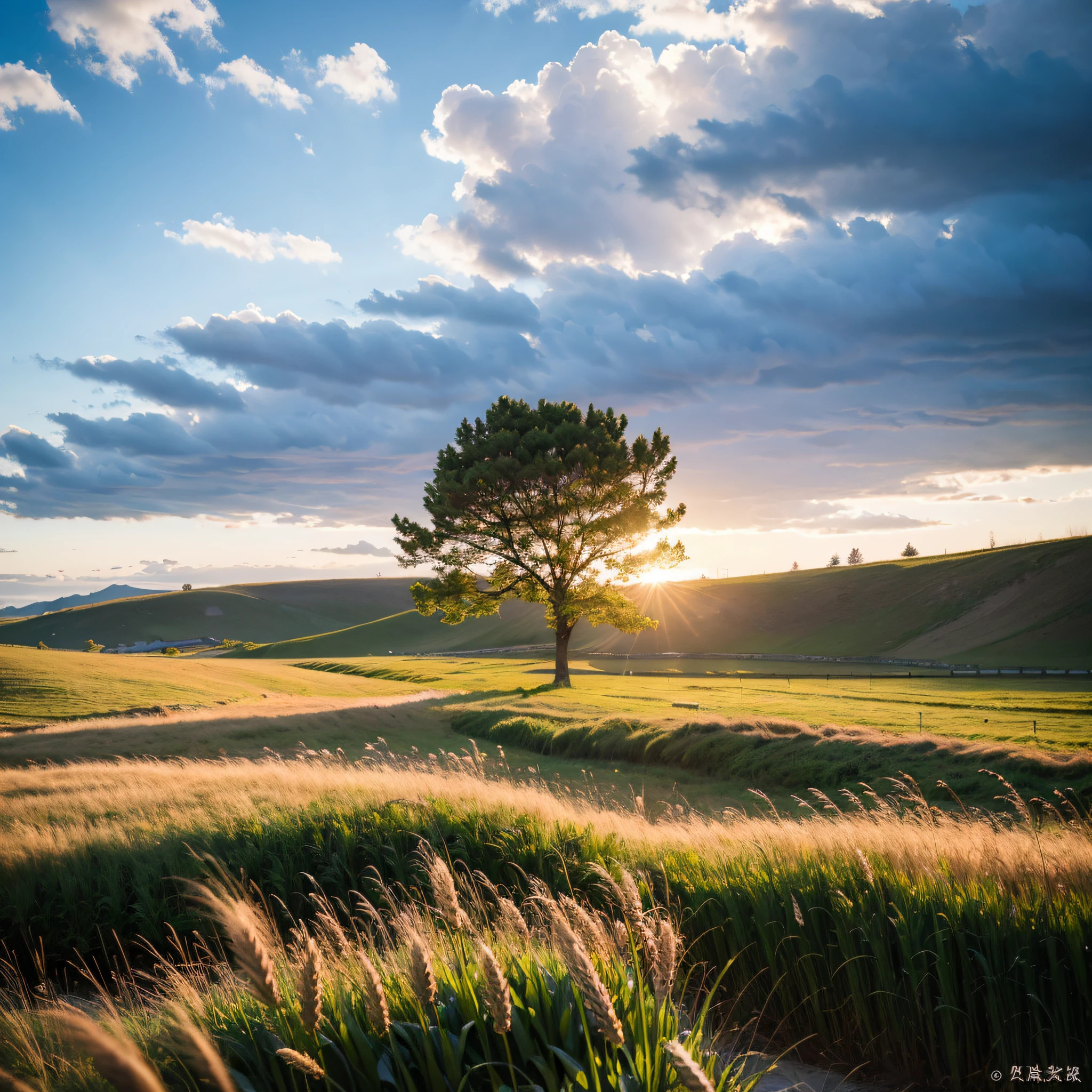 ，masterpiece, best quality，8k, ultra highres，Reallightandshadow，Cinema lenses，On screen，A vast field unfolds before you。The golden wheat waves rise and fall with the wind，Like a golden ocean。Sunlight shines through the clouds，Illuminates the whole earth。A lone willow tree nestles quietly on the edge of the field，Gentle branches sway，As if whispering something in the summer breeze。